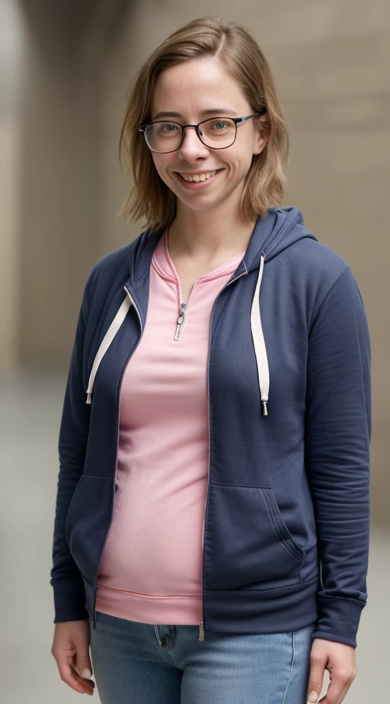 smiling woman with glasses on, this person does not exist, wearing sneakers and jeans with a dark blue tshirt and light pink zip up hoodie, nerd, frumpy, tessa ferrer-rebecca hall merged, short and chubby, unattractive, out of shape, entire body visible, full body, hyperrealistic, best quality, 8K, real human skin, masterpiece, extremely intricate, medium closeup, detailed eyes, detailed face, detailed body, exaggerated features, pronounced features