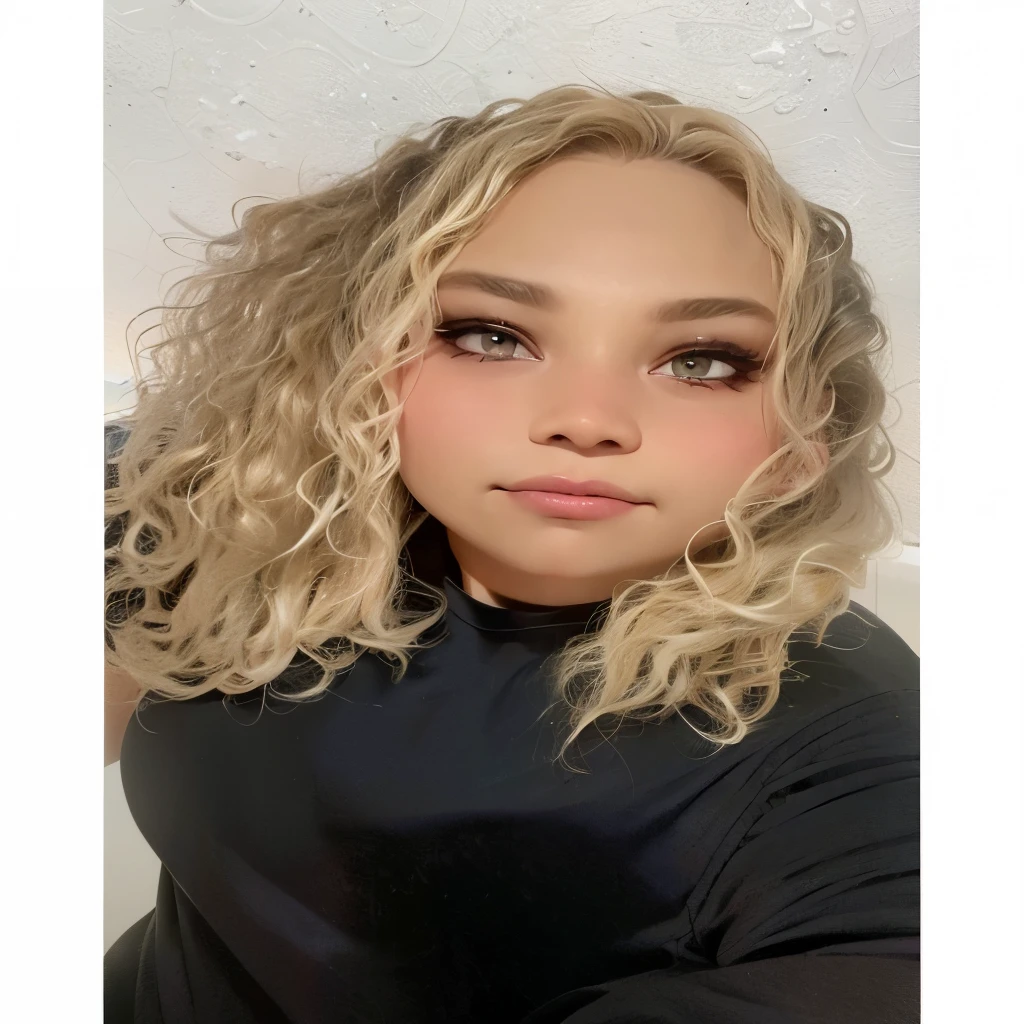 There's a woman with blonde hair and a black top, loiro encaracoladoe hair | d & d, loiro encaracolado, cabelos loiros cacheados, loiro encaracoladoe hair, cabelos loiros cacheados, longos cachos de broca loira, cabelos cacheados, loiro encaracolado hair, pale skin loiro encaracolado hair, short loiro encaracoladoe haired girl, very very loiro encaracolado hair, cachos por cima, cabelos brancos cacheados