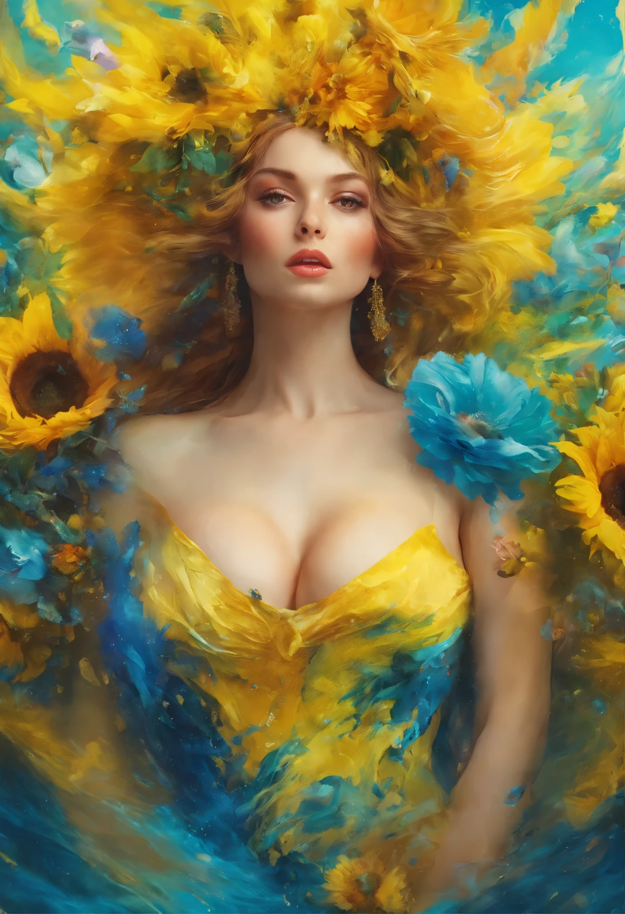 ((top-quality, 8K)), (Realistic), (Face Focus: 1.1), (Yellow,blue: 1.3), ukrainian woman in a dress that is in the water, closeup fantasy with water magic, fine art fashion photography, monia merlo, inspired by irakli nadar, inspired by Franz Xaver Winterhalter, with frozen flowers around her, inspired by Tatiana Hordiienko, jean-sebastien rossbach, karol bak uhd, vynok. ukrainan flower headband, sunflowers, vyshyvanka dress, pom-poms, ukrainian flag, flag, ukrainian, open chest, (huge breasts:1.5),big chest,well-rounded figure