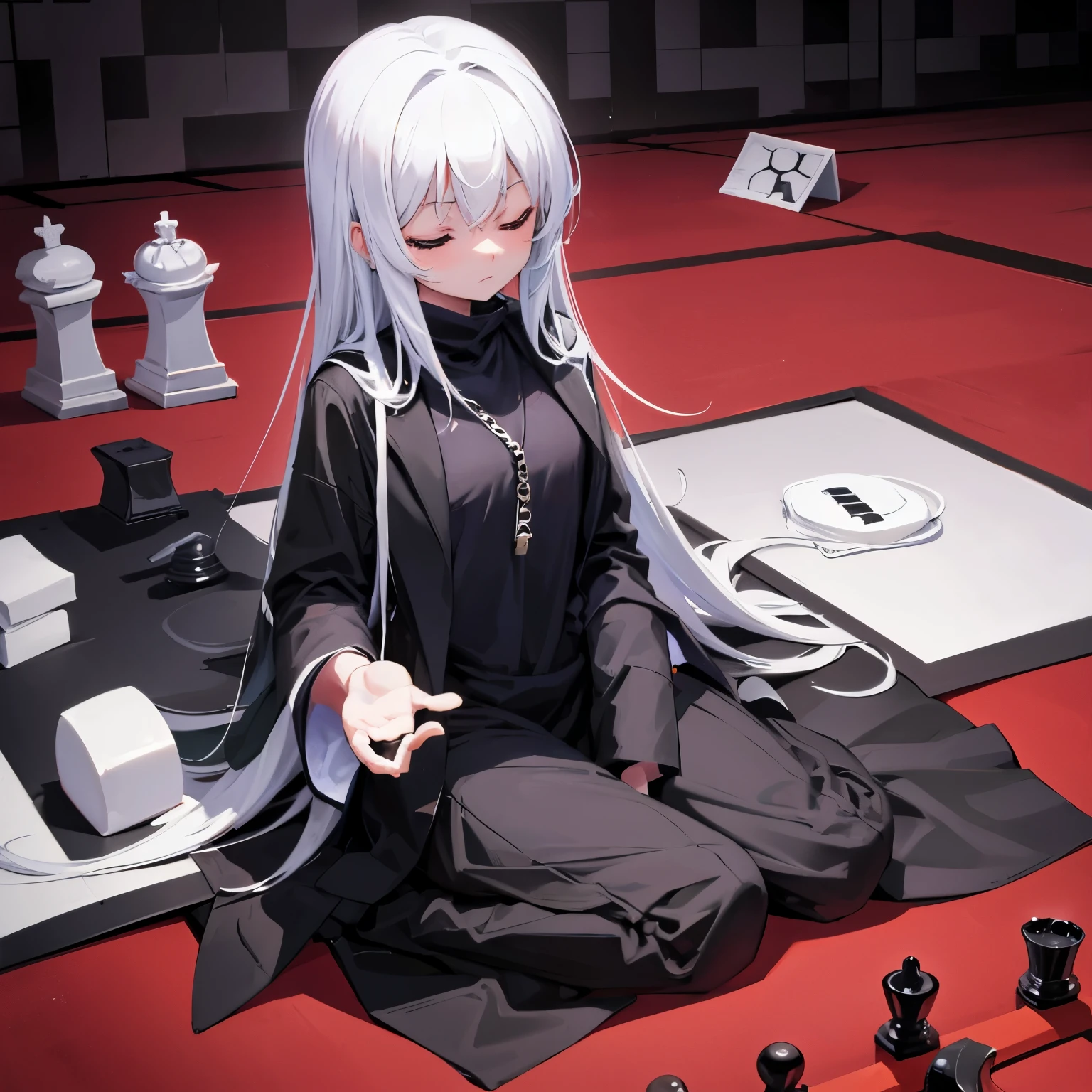 Chessboard background meditate on the floor left and right eyes closed humanoid black and white