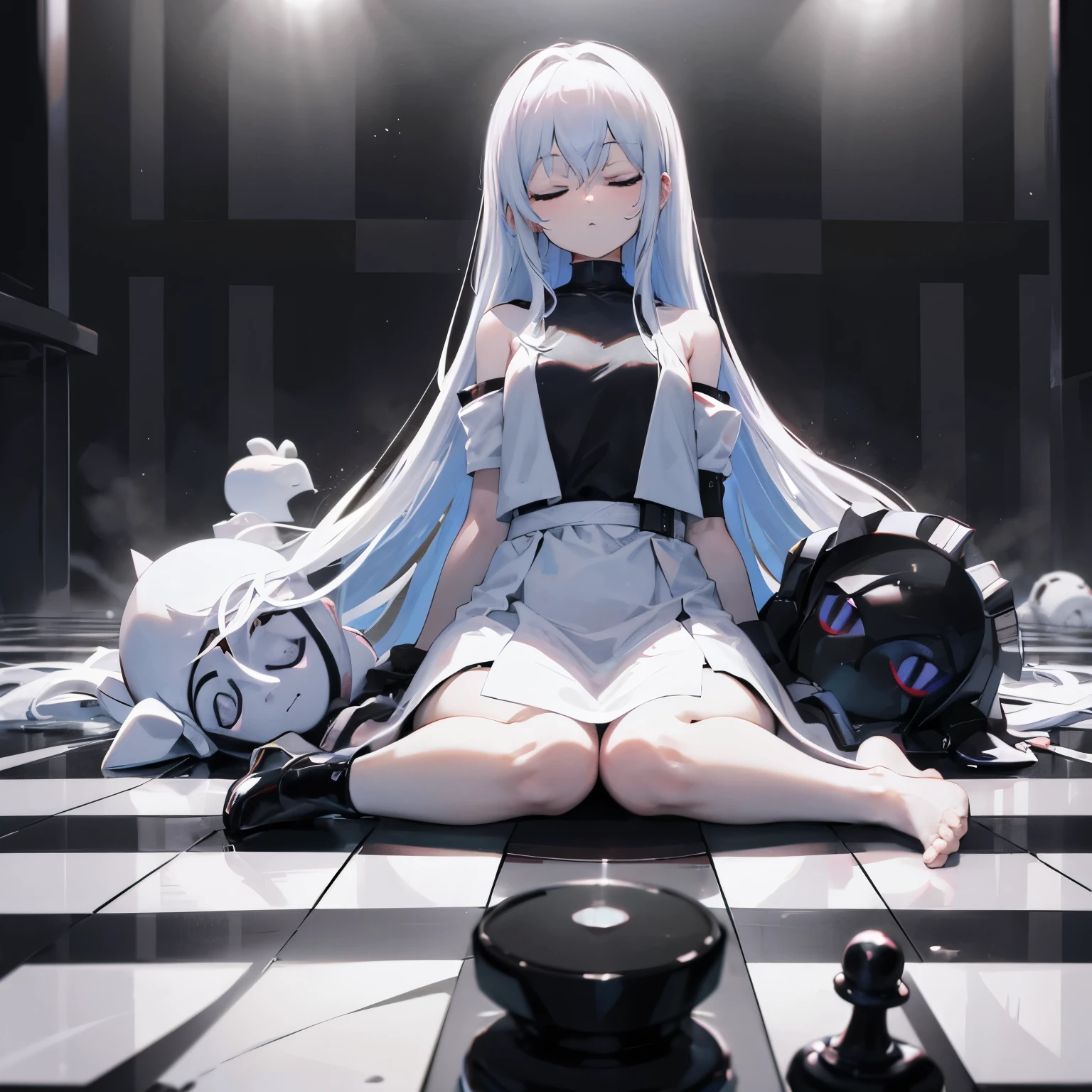 Chessboard background meditate on the floor left and right eyes closed humanoid black and white
