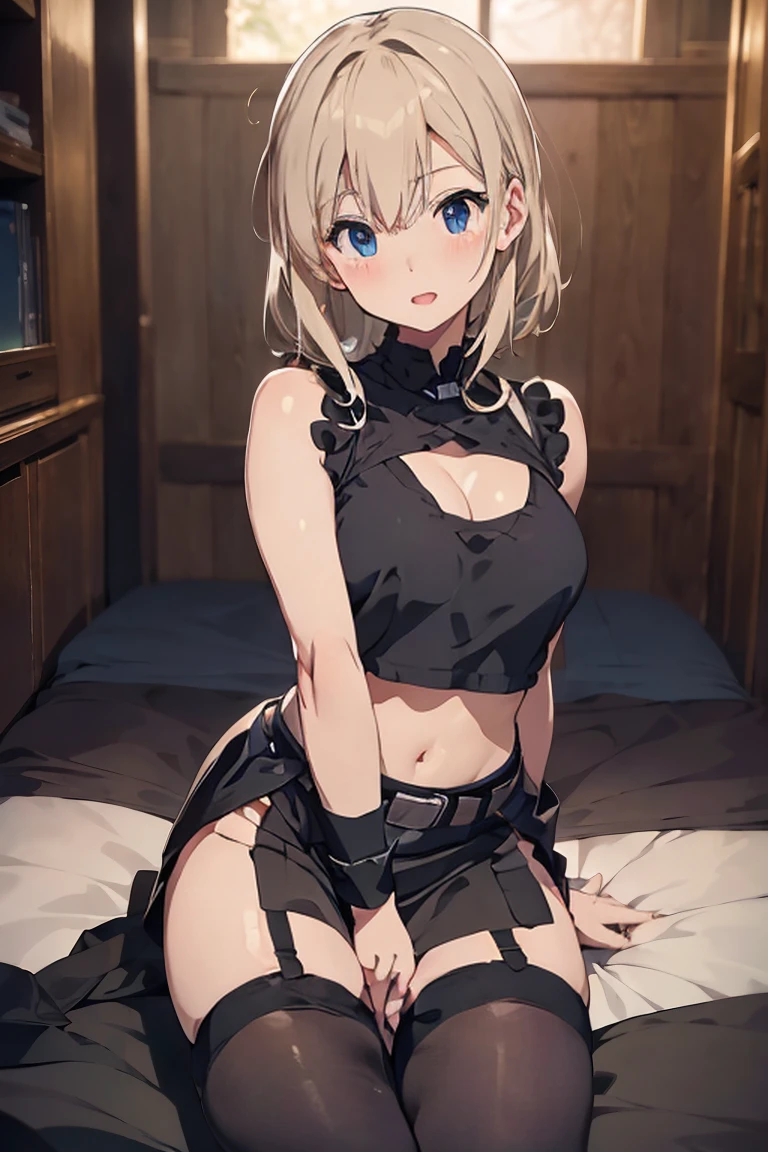 blonde hair, (((sleeveless crop-top))), (((black short skirt with belt))), ((((thigh-high black stocking)))), blue eyes, navel, ((cute innocent face, open mouth, allure)), [[playful]]], [[[bedroom]]], front-view, [[Leaning forwards]], head down, butt up, arched back, (((((gravure position))))), (sexy), arousing, realistic, ((perfect symmetrical body)), (((slim hip, slim thighs))), soft light, dawn light)), bloom, 1girl, super model body, very slim body, thin, super model body, ultra-detailed CG, 8k, high detailed, realistic, solo, intricate details),