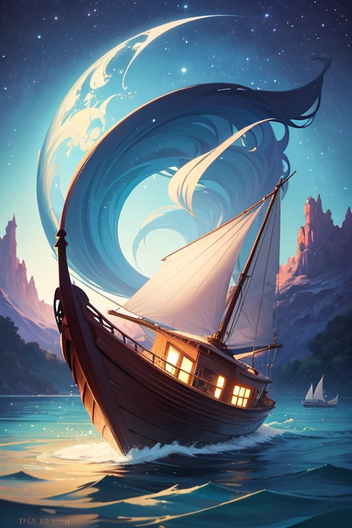 pintura de um barco em um lago com lua cheia ao fundo, arte digital inspirada em Cyril Rolando, trending on ArtStation, arte de fantasia, Arte bonita UHD 4K, arte de fundo, Arte digital altamente detalhada em 4k, very bela arte digital, scenery artwork, bela arte digital, 8k arte detalhada de alta qualidade, Fantasia Pintura HD, scenery artwork dos sonhos