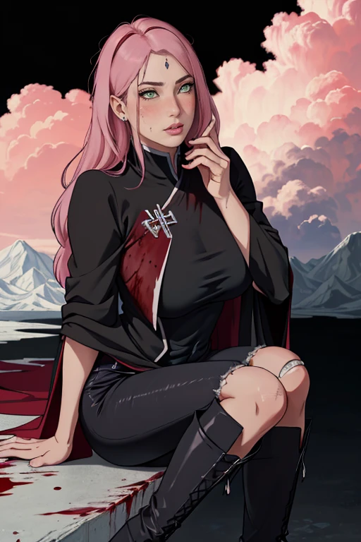 masterpiece, absurdres, sakura\(boruto\), 1girl, solo,mature female, perfect composition, detailed lips, big breast, beautiful face, body propotion, blush, (pink lips), long hair, green eyes, soft gaze, super realistic, detailed, photoshoot, absurdreest quality), (masterpiece),(ultra-detailed:1.2),(photorealistic:1.1),(highres), (injury:1.1),(blood:1.1), ((Akatsuki clothes: Long, flowing black cloaks with a vibrant red cloud motif symbolizing unity and a mysterious aura, paired with high-collared black shirts, black pants, and sturdy boots.)), (akatsuki outfit:1.1), labret piercing, Destroyed village background, upper body closeup