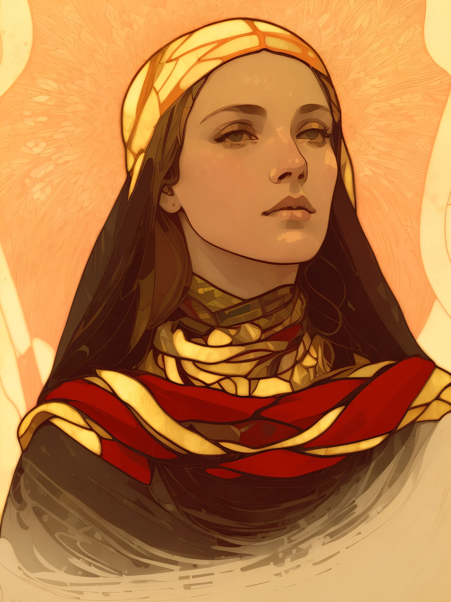 A picture of a red scarf and a woman wearing a red scarf, by mucha style 4k, craig mullins alphonse by mucha, maxim verehin stained glass, moebius + Roisch + wlop, beeple and alphonse by mucha, hyperrealistic Art Nouveau, artgerm by mucha, by mucha. Art Nouveau. Groomhaven, alphonse by mucha and alena aenami