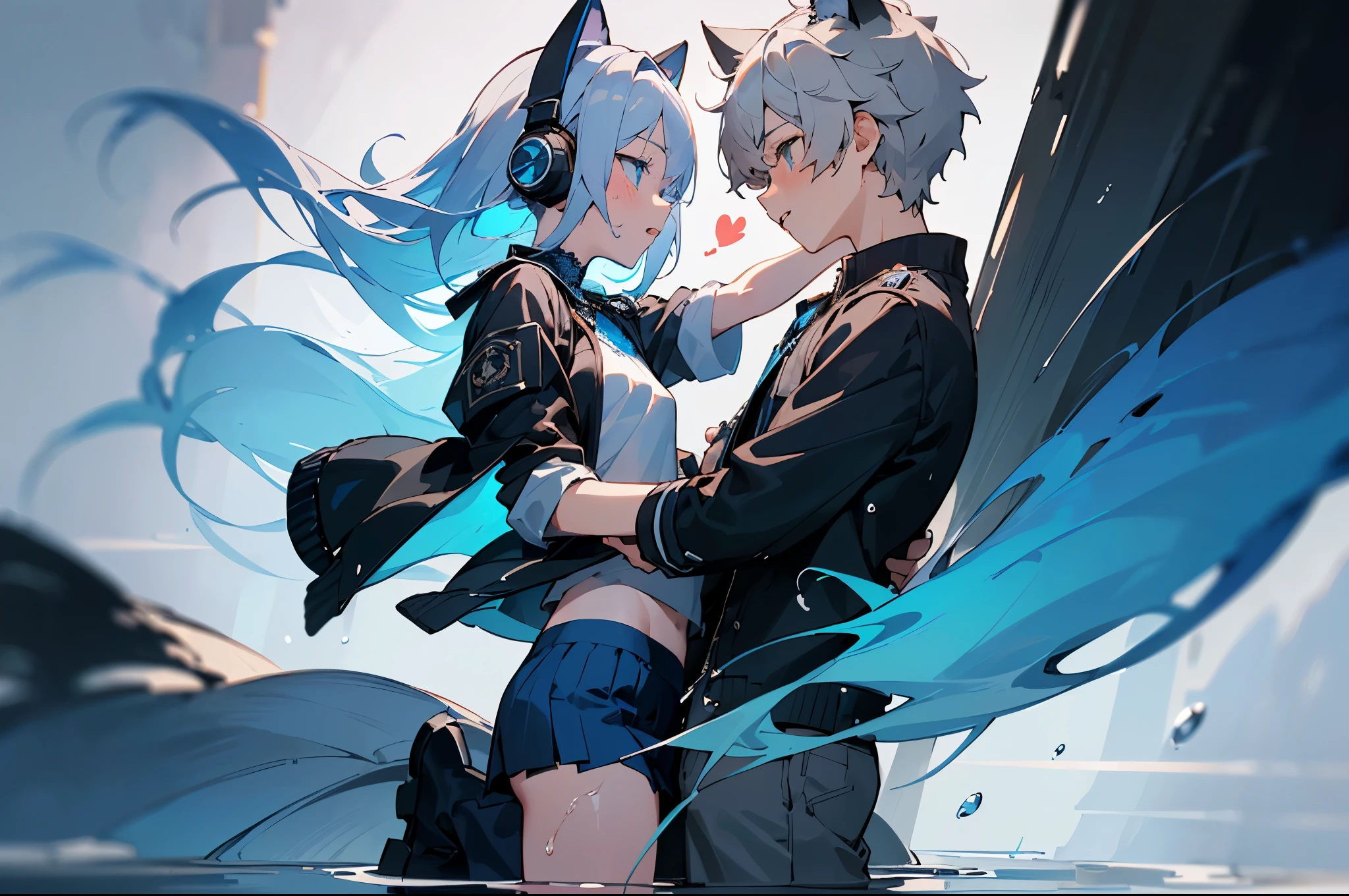 ((Best Quality)), ((Masterpiece)), (Detailed), Perfect Face, Very Detailed, Masterpiece, Best Quality, Official Art, Extremely Detailed CG Unified 8k Wallpaper, Dynamic Eyes, Full Body Portrait, (a boy and a girl: 1.5), ((face to face)), ((girl is having with a boy)), ((boy is cumming inside the girl)), sexing on a bed, shy,((girl trembles seriously)), steam comes out from girl's mouth, heart-symbolled eyeoy's hand is spreading the girl's )), ((girl's skirt is lifted)), ((boy's pants is half-taken-off)), the girl wears trendy style, long silver-gray hair, shoulder-length hair, a futuristic blue halo on her head, future Wind clothing, with a mechanical feel, ((dark blue skirt with bright blue lace)), ((black jacket with blue stripes)), JK short skirt, cat ear headphones on the head , ((watery eyes)), (the boy is wearing a white T-shirt and a blue short pants half down)