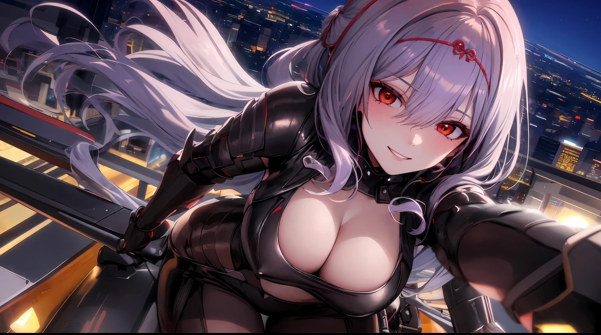 (masterpiece), best quality, intricate details, ultra details, ultra quality, rule of third, (looking at viewer), detailed face, detailed iris, glossy lips, 1girl, solo, long hair, scarletx, scarletg, bodysuit, headpiece, cityscape, bridge. backlighting, night sky, shot from above, smirk, cleched teeth, red eyes, looking to viewer, focus on face, (shot from above), woman, sexy woman, seductive smile, detailed eyes, glowing eyes, riding a motorcycle, on a motorcycle