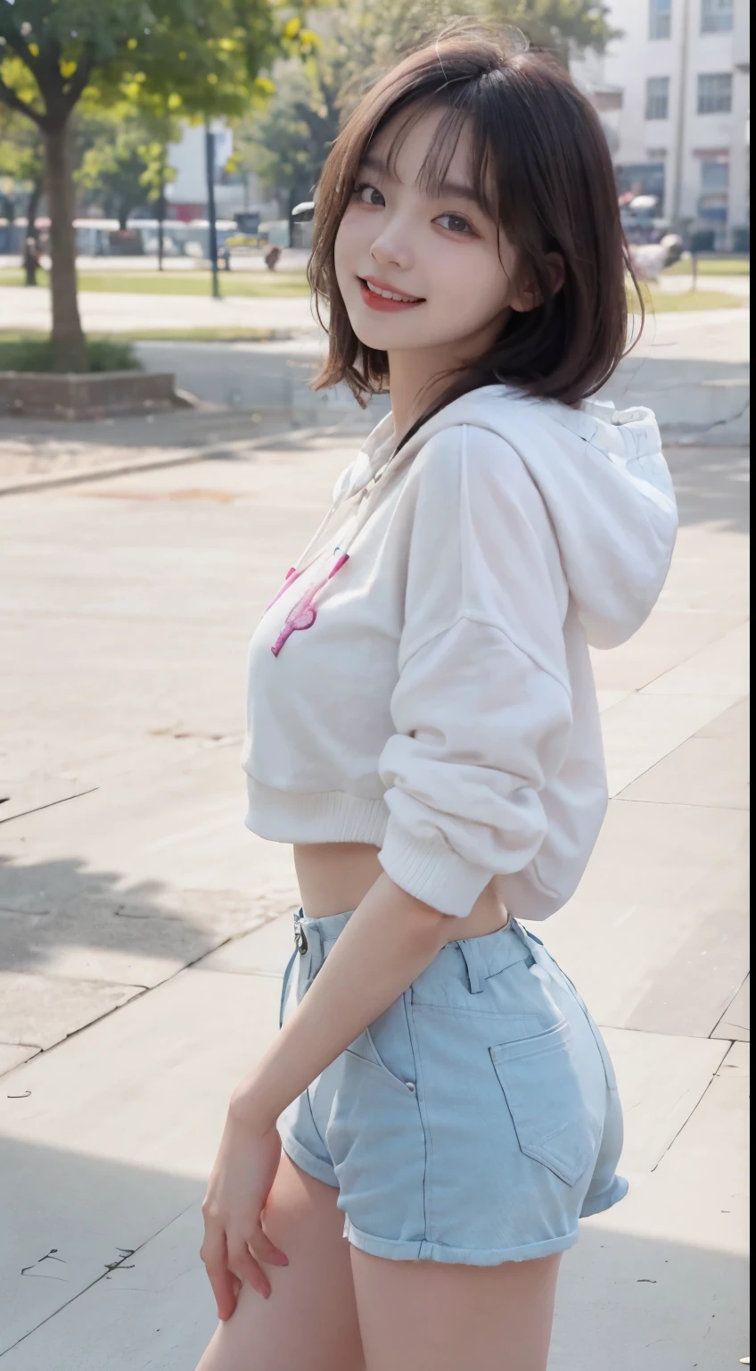 Top image quality、Raw photography、超A high resolution、21-year-old Korean、small tits、Dynamic angles、Cowboy Shots、The most beautiful forms chaos、elegent、Brutalist design、Vibrant colors、beautiful white hair、a short bob、laugh、smil、shiny white skin、Beautiful eyes with random colors、beautiful eyes finely detailed、elongated eyes、thin lipss、pale pink blush、long eyeslashes、beautiful double eyelid、eyeshadows、a park、Big hoodie、hotpants、shot from a side angle、sexy pose