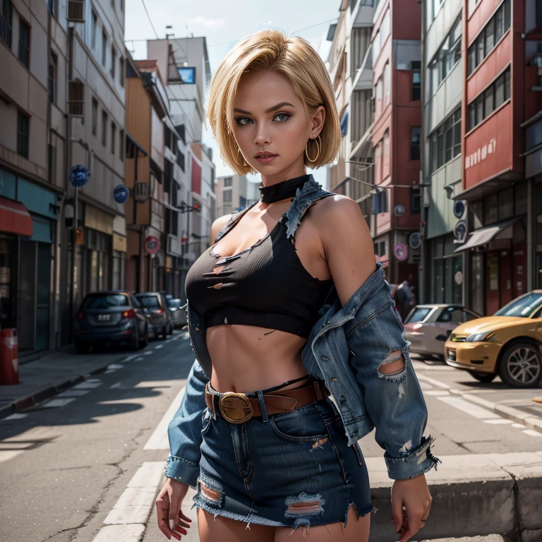 (((Android 18))), dragon ball, 1girl, ((blond short hair)), ((torn clothes)), (open denim crop jacket), a slender curvy and beautiful japanese woman of above-average height and fair complexion, She has shoulder-length blonde hair, hait part over her left temple tucked behind her ear, She wears small gold hoop earrings on both ears, she wears a blue denim vest and skirt (with the Red Ribbon logo on the vest), dark blue tights, a brown belt, brown boots, a black shirt that has white and black striped long sleeves, (symmetrical beautiful detailed eyes:1.2), ((destroyed city in the background)), raw photo, highly detailed, ultra hd, 8k (photorealistic, hyperdetailed:1.2), seductive look, skindentation, lustrous skin, (solo), ((visible pussy))