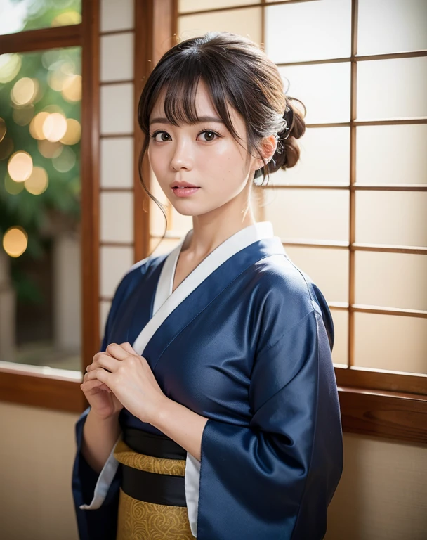 Best Quality, 超A high resolution, (Photorealistic:1.4), Raw photo, (upper waist:1.4), (Bokeh:1.7),(Window light only:1.6), (in Bright japanese-style room:1.5),(Bright:1.5)
1日本人の女の子, (Solo), (Smile:1.2,Open mouth:0.7), (dark brown eyes), Natural Skin, (brown updo hair,Bangs),Standing
(blue silk kimono),(Obi) A little more round face Moist eyes Background 5-storied pagoda Chest emphasis