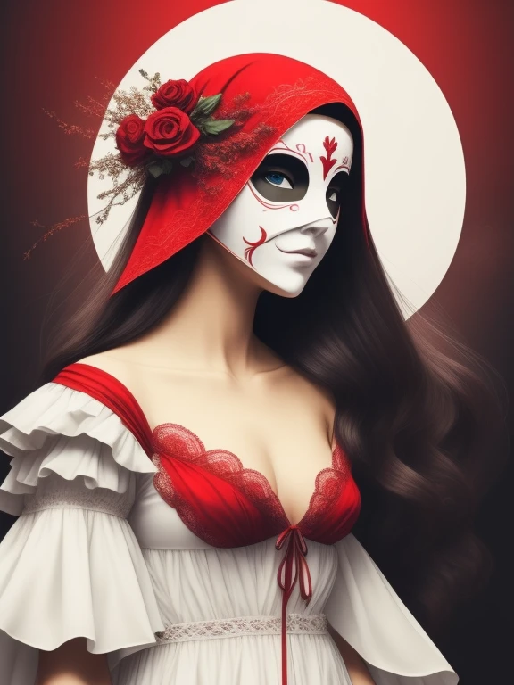 Woman in a white half mask, grandes asas de anjo, vestido vermelho longo, innocence