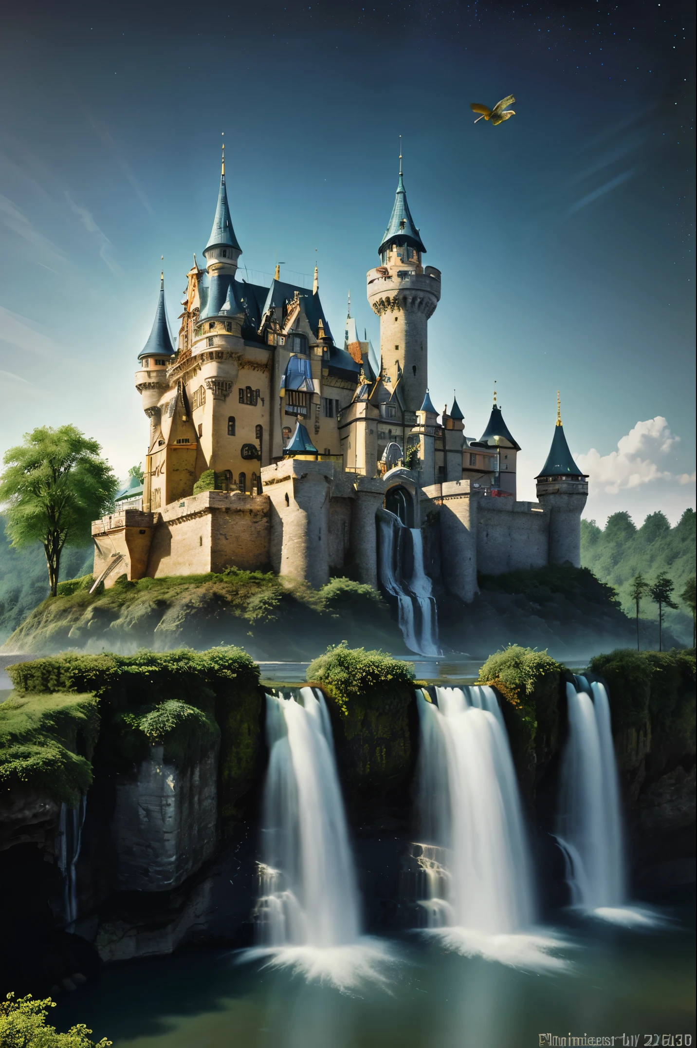Exquisite detaillierte Zeichnung, Tall and complex round fairytale castle flies high above the sea, am Schloss wachsen viele Pflanzen, many colorful birds fly in the sky, Waterfalls flow from the castle into the sea, bunte Galaxien und Planeten im Himmel, phantasievoll, sonnig, reich, stilvoll, opulent, Highly detailed, mystisch, skurill, 3D, Escher style, Pulp Art,  (Meisterwerk: 1.2), best qulaity, highest resolution