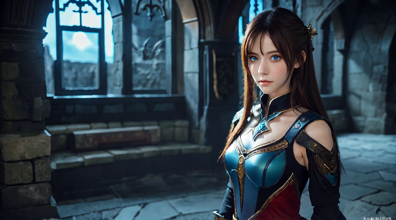 A beautiful gothic girl with well-styled anime clothes straight hair beautiful perfect body transparent skin color beautiful blue eyes like the sea people admire her most beautiful in the castle kingdom especially she is a powerful warrior chosen by God.