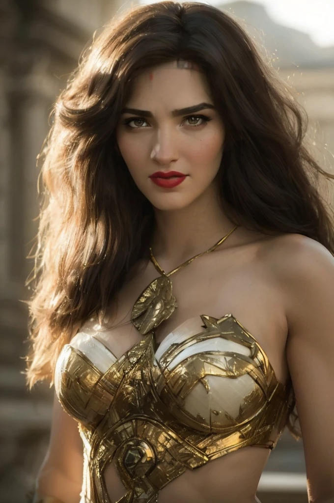 a woman in a gold and white bikini top posing for a picture, gal gadot as hell lord, dressed as wonder woman, face like gal gadot, gal gadot, gal gadot as wonder woman, wonder woman, portrait of wonder woman, hybrid of gal gadot, sexy painting of gal gadot, photo of the beauty gal gadot