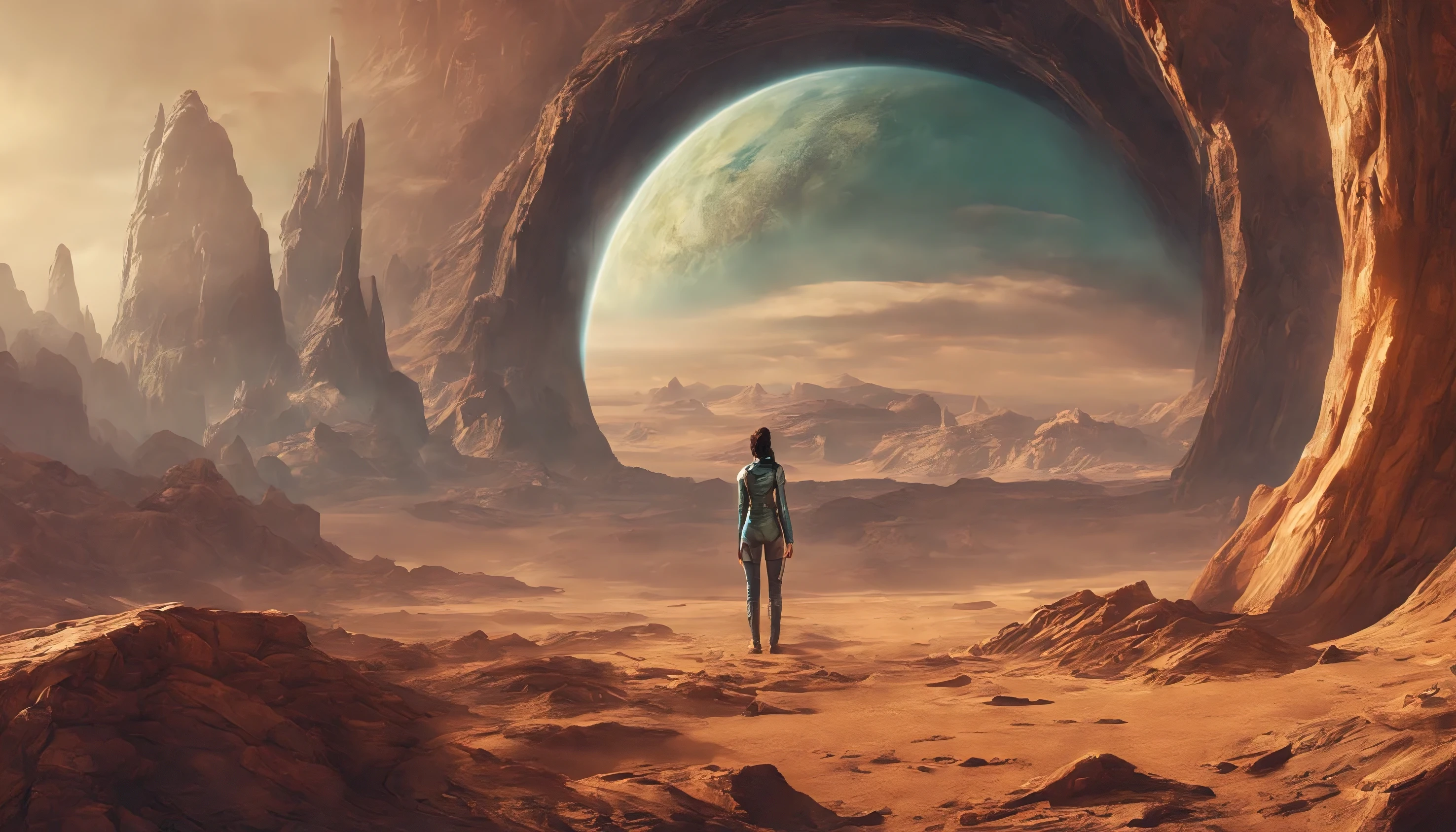 After a long and perilous journey through the depths of space, a courageous woman steps out of the spaceship onto an alien planet's surface. As she takes her first breath of the unfamiliar yet strangely inviting atmosphere, she realizes that she is about to embark on an extraordinary adventure. Describe her immediate surroundings, the sights, sounds, and sensations that greet her, and the mix of emotions that flood her as she prepares to explore this alien world.