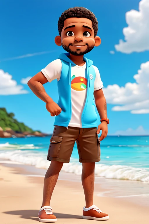 Elielson_melo ele esta em uma praia. pay attention to the details of the face so that it looks similar to the original. ele tem riscos na testa e um barba bem pequena. Ele tem a cor da pele castanho claro, e cabelo curto com alguns fios brancos penteado para o lado, ele esta vestindo um short azul e camiseta tipo hawai bem detalhada. fundo praia do caribe