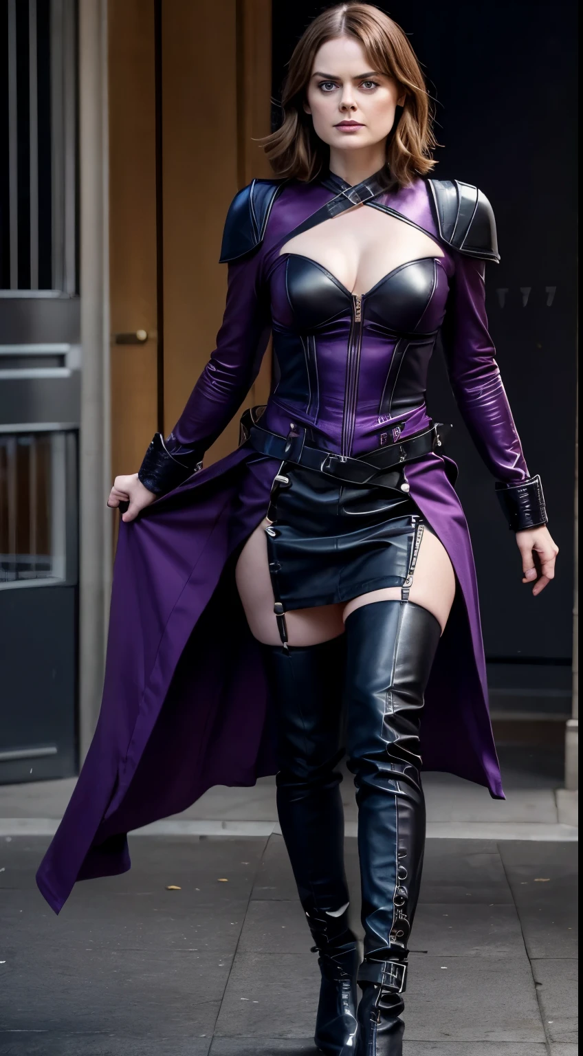 emily Deschanel in einem Dominatrix-outfit mit Lackbody und purple-leder-Overknee-Stiefeln die bis zu ihrem Schritt reichen, sie sieht wie eine Domina aus, the body is visible, ihr schambereich ist sehr haarig