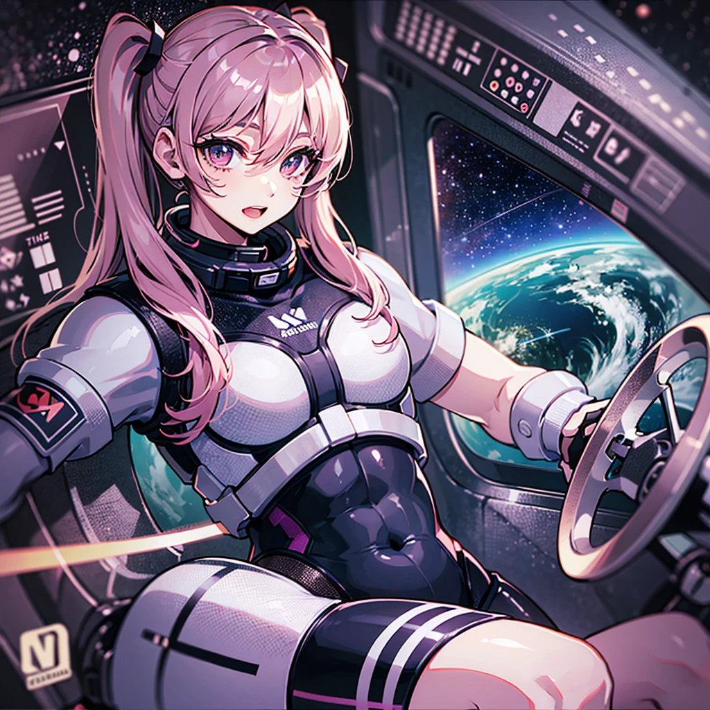 (((masterpiece、Top image quality、top-quality、highly detailed unity 8kwall-paper)))、((Illustration of one adult))、((25-years old))、(pilot)、(((Beautiful girl with a beautiful face、The body is a man)))、(((Twintails with pink hair)))、Light gray eyes、((Tall))、((Muscular strong man's body))、((Muscular strong man's body、solid chest、muscular chest plate、abdominals、muscular and thick arms、muscular and thick legs))、(((白いpilotスーツ)))、((manspreading、Sitting in the cockpit))、((space fighter cockpit、The Universe on the Monitor、Earth seen from space))