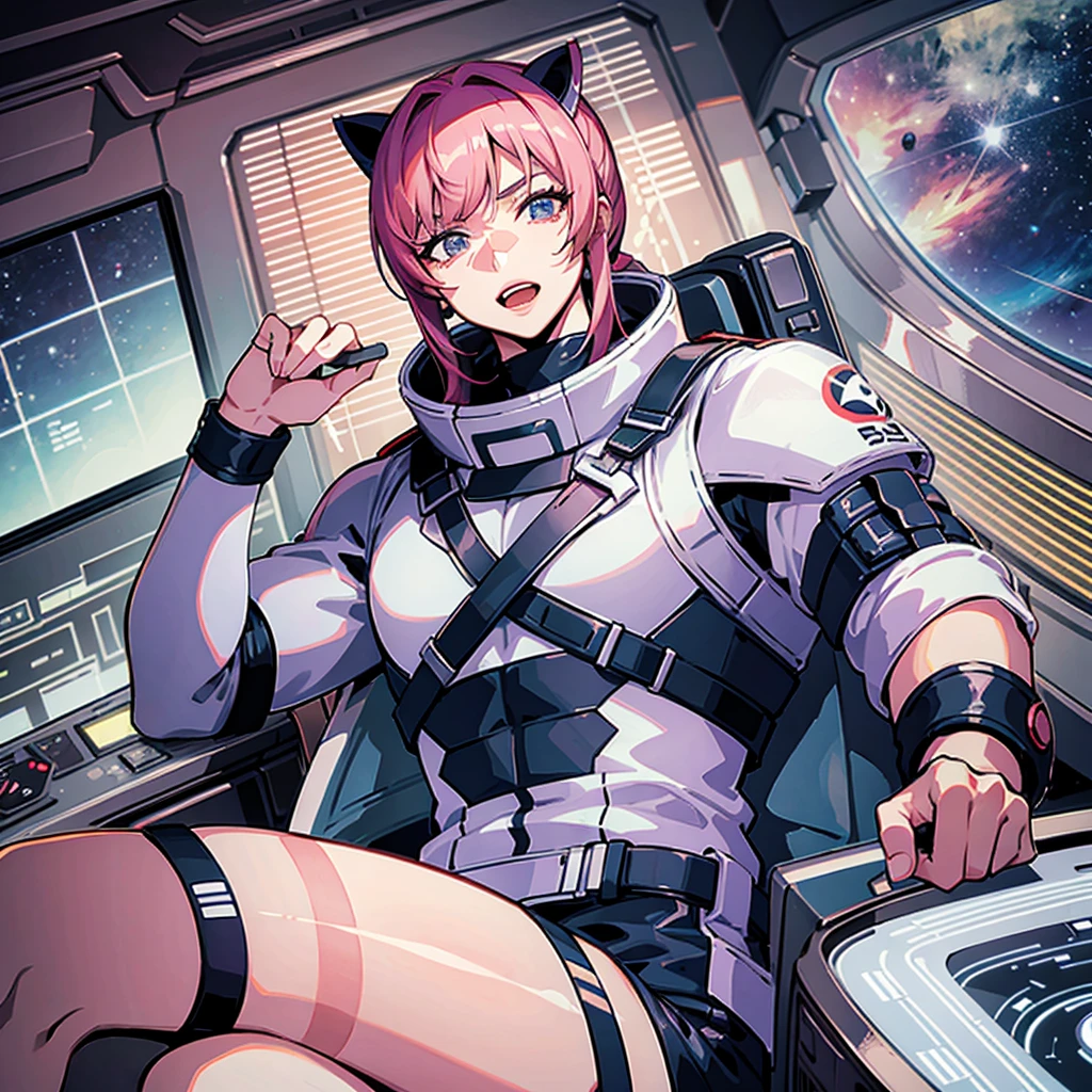 (((masterpiece、Top image quality、top-quality、highly detailed unity 8kwall-paper)))、((Illustration of one adult))、((25-years old))、(pilot)、(((Beautiful girl with a beautiful face、The body is a man)))、(((Twintails with pink hair)))、Light gray eyes、((Tall))、((Muscular strong man's body))、((Muscular strong man's body、solid chest、muscular chest plate、abdominals、muscular and thick arms、muscular and thick legs))、(((白いpilotスーツ)))、((manspreading、Sitting in the cockpit))、((space fighter cockpit、The Universe on the Monitor、Earth seen from space))