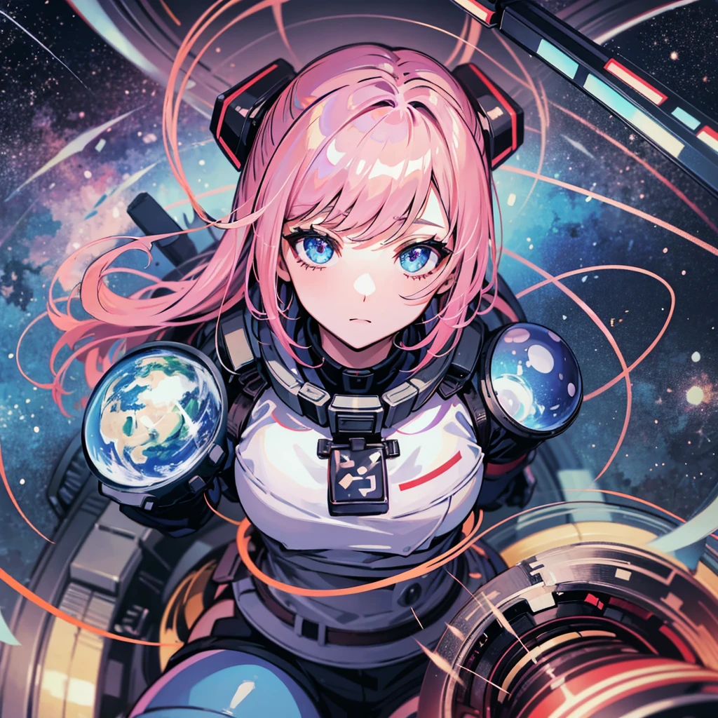 (((masterpiece、Top image quality、top-quality、highly detailed unity 8kwall-paper)))、((Illustration of one adult))、((25-years old))、(pilot)、(((Beautiful girl with a beautiful face、The body is a man)))、(((Twintails with pink hair)))、Light gray eyes、((Tall))、((Muscular strong man's body))、((Muscular strong man's body、solid chest、muscular chest plate、abdominals、muscular and thick arms、muscular and thick legs))、(((白いpilotスーツ)))、((manspreading、Sitting in the cockpit))、((space fighter cockpit、The Universe on the Monitor、Earth seen from space))