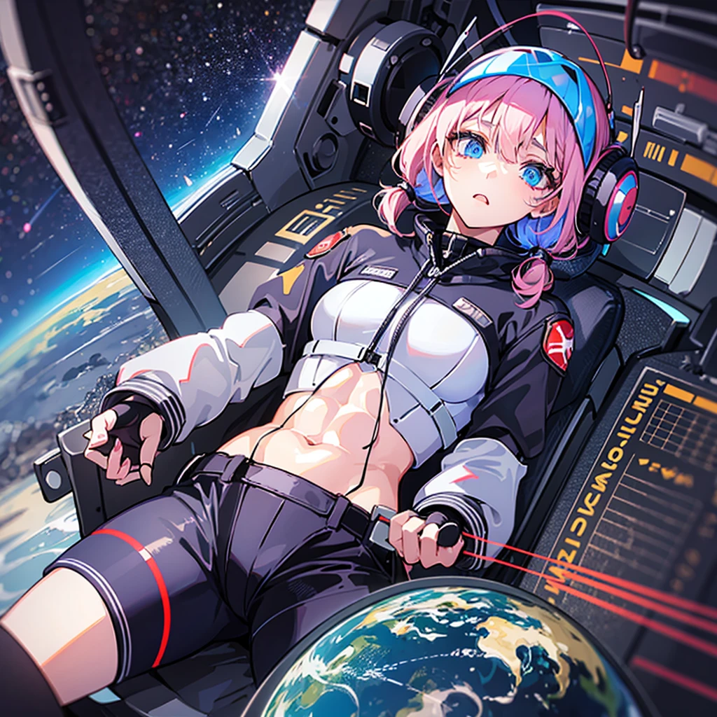 (((masterpiece、Top image quality、top-quality、highly detailed unity 8kwall-paper)))、((Illustration of one adult))、((25-years old))、(pilot)、(((Beautiful girl with a beautiful face、The body is a man)))、(((Twintails with pink hair)))、Light gray eyes、((Tall))、((Muscular strong man's body))、((Muscular strong man's body、solid chest、muscular chest plate、abdominals、muscular and thick arms、muscular and thick legs))、(((白いpilotスーツ)))、((manspreading、Sitting in the cockpit))、((space fighter cockpit、The Universe on the Monitor、Earth seen from space))