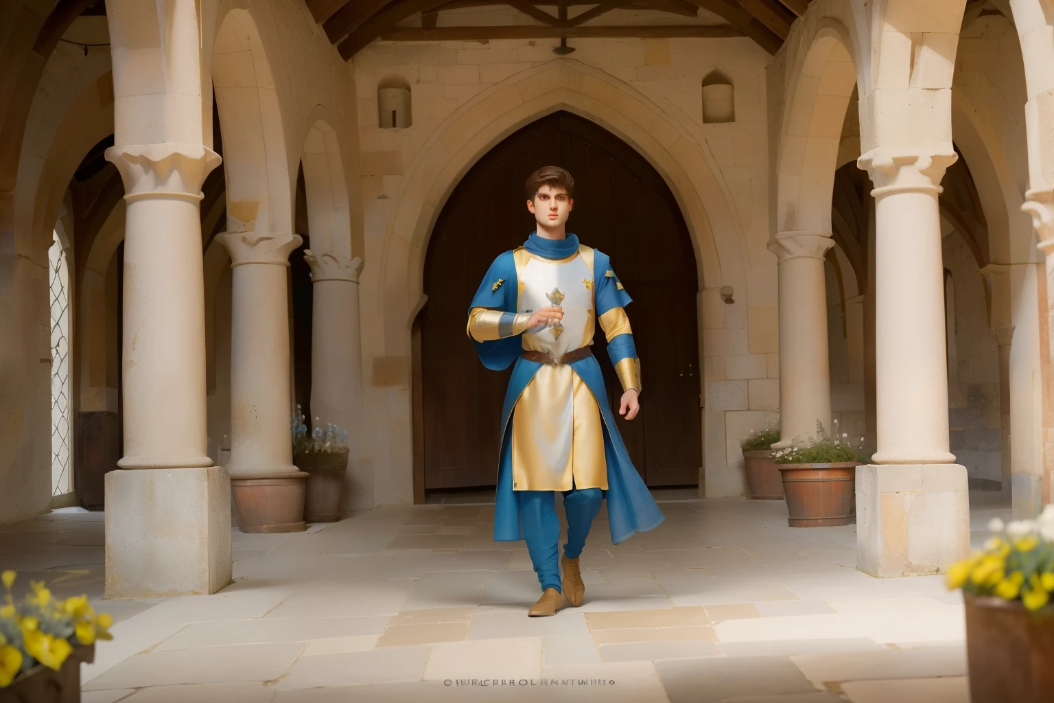 1145, Cherbourg, France. Otherworldly scene in a medieval monastery cloister, ((((22-year-old)) Matthew Daddario)), knight, panning a war, map, plan, ((expression of excitement)), ((((plain tunic from the 12th century)))), ((Hairstyle of the 12th century)), ((Wes Anderson cinematic style)), colorful