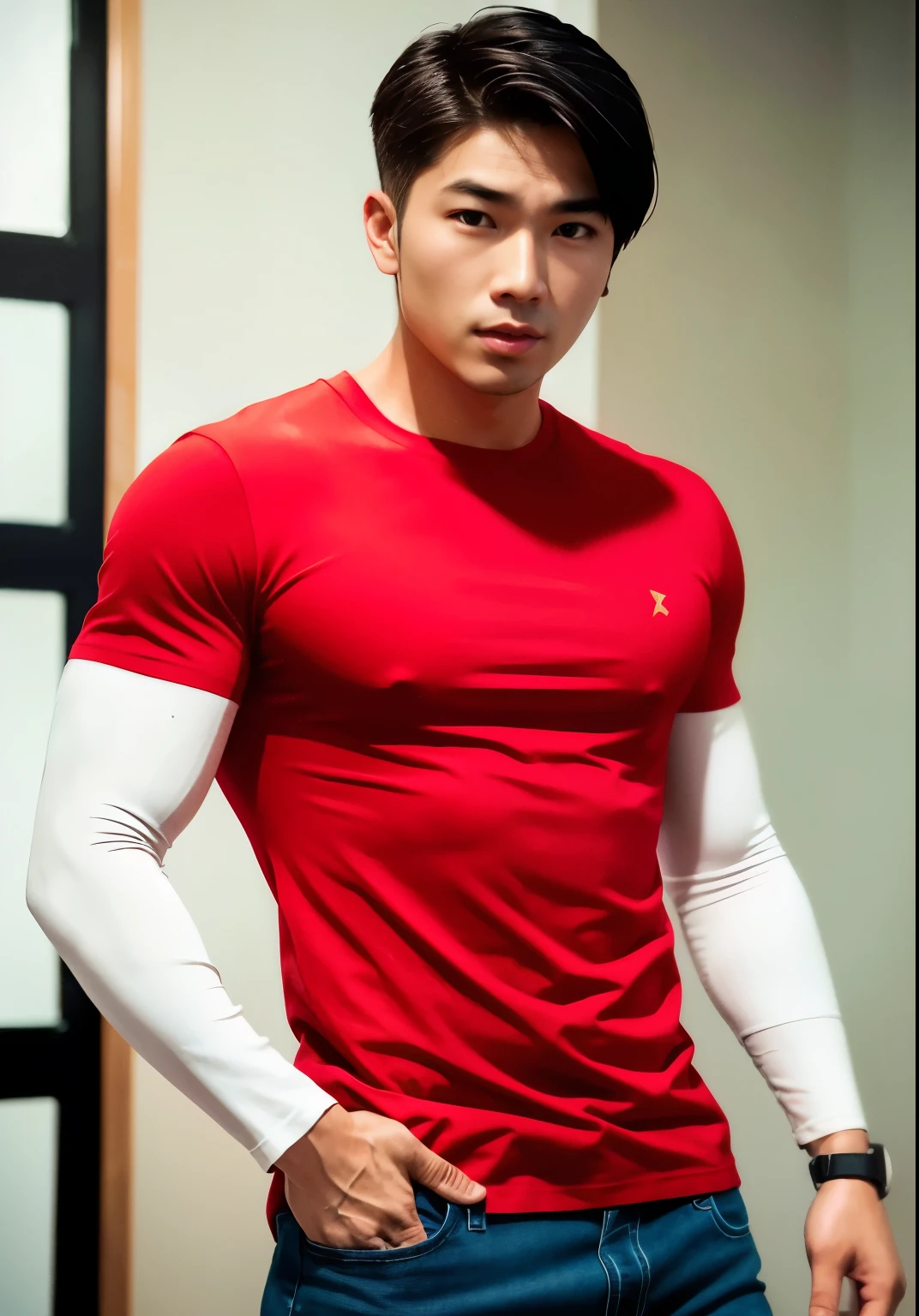 SFW, handsome asian man, red t-shirt