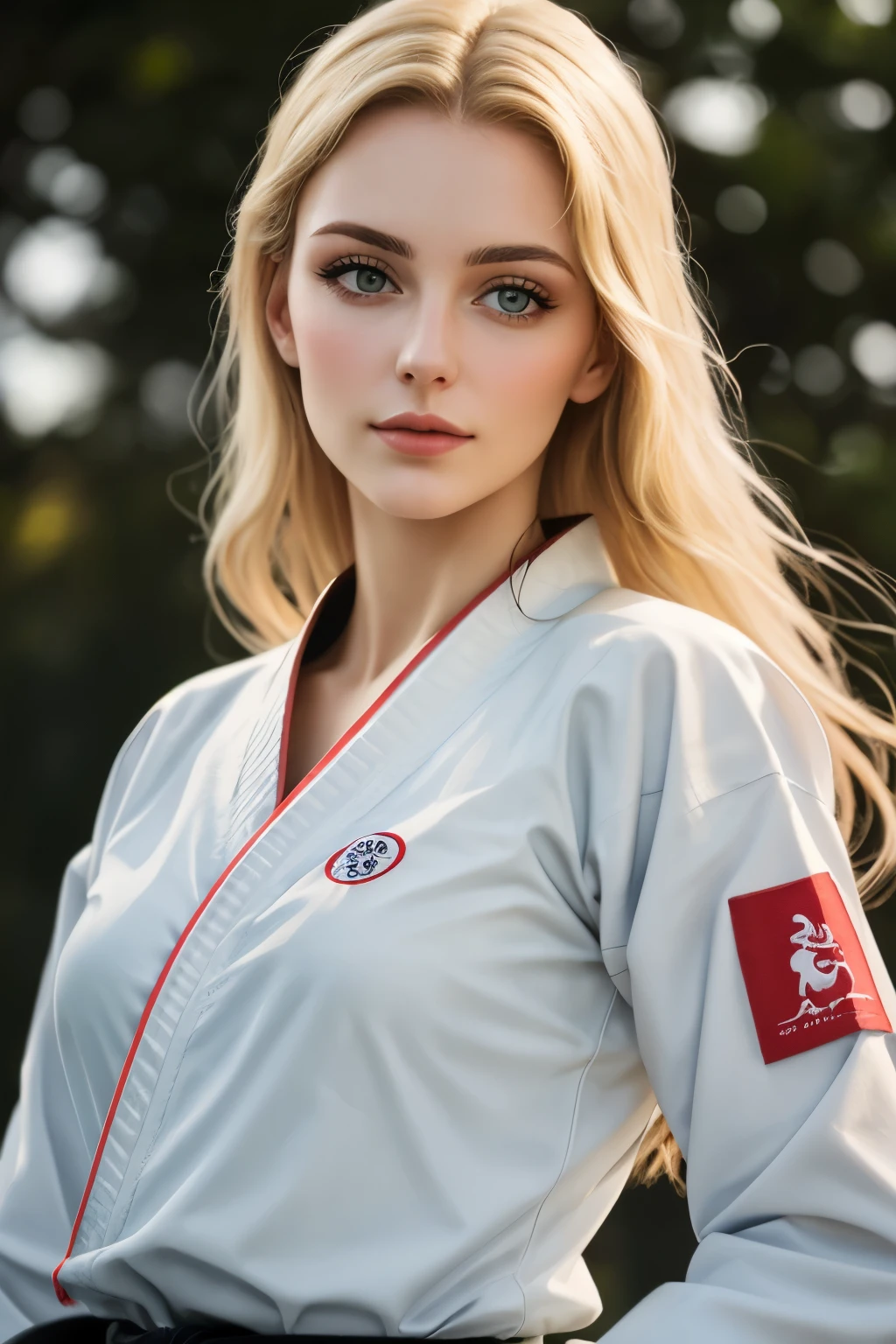 Best quality, masterpiece, Beautiful blonde Ukraine women wearing a plain white karate gi, dojo, close-up portrait, 23 years old,