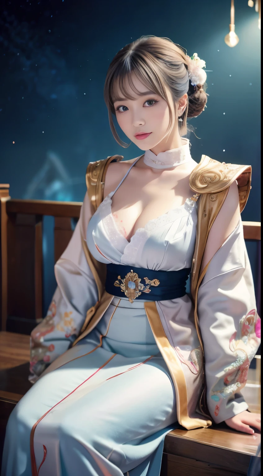 Detailed background, Cyberworld, Space Fantasy, elaborate costume{Luxury kimono(pale and coloured kimono(detailed embroidery,))}、(Japanese Idol(actress):1.2)(face perfect:1.2),Expressing a beautiful and elegant woman, Hairstyle Short Bob, Blur the background,((masutepiece)), ((Best Quality)),{{a portrait photo of}},full body Esbian、Faraway view,Like a corporate logo, Breast size is F cup, Dynamic angles, Angles from the air, Angle from below, 5 fingers, sitting on, Gray hair