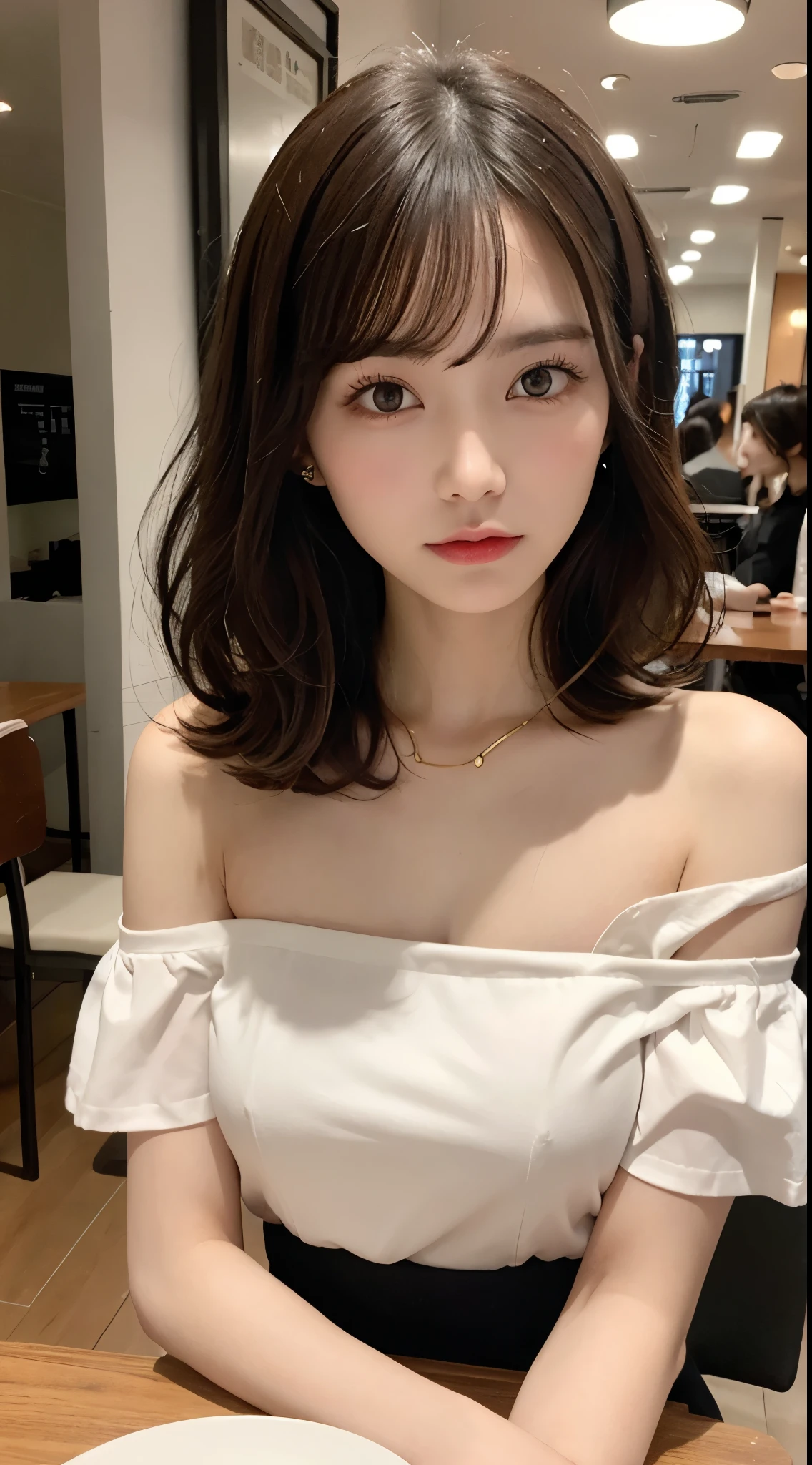 On the table, Best quality at best, illustratio, ultra - detailed, finely detailled, A high resolution, 8k wallpaper, Perfect dynamic composition, 美丽詳細な目, tightly dress, medium头发,Brown hair color ,small, Natural color lips, Casual and sexy poses,Random cases,long slim figure,rosto magro,There is a feeling of ecstasy on the face,Have a feminine face,A serious and trembling face, face, (On the table:1.3), A high resolution, ultra - detailed, the Extremely Detailed CG Unity 8k wallpapers, actual, 真实感, RAW photogr, beautiful detailed face, pale-skinned, Realistic shiny skin, Fine cloth texture, Detailed hair texture, perfect bodies, pretty face, acurate, Anatomically correct, Highly Detailed Face and Skin Textur, natural neck length, (Beautiful lucky skin:1.2), Thin leg, thin feet,
BREAK BREAK BREAK,
詳細な目, symetric eye, light brown eyes, 二重まぶた, tthin eyebrows, (glossy lips:1.4), ((Wait for a kiss:1.2)), (Be red in the face:1.1),
BREAK BREAK BREAK,
(优雅又cute big breasts女孩:1.3), (Wearing an elegant off-shoulder white shirt), (Orange flared skirt:1.2),
medium, (long slim figure:1.1), Tightens abs, Beautifulcollarbone,
(dark gold hair, curlies, long whitr hair:1.3), ((asymmetricalbangs:1.2)), (upper body shot:1.2), looking at viewert, (from the above:0.65),
BREAK BREAK BREAK,
((stand close to me、reach forward:1.3)), (She said I would wait in front of the station at ten o'clock),
(In the café), ((Fashionable shops on Qingshan Street)),KPOP idol face,cute big breasts