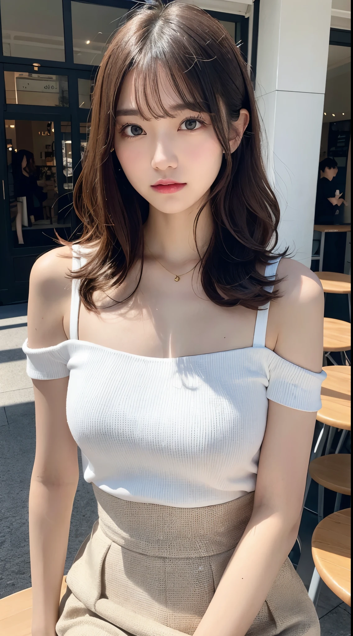 On the table, Best quality at best, illustratio, ultra - detailed, finely detailled, A high resolution, 8k wallpaper, Perfect dynamic composition, 美丽詳細な目, tightly dress, medium头发,Brown hair color ,small, Natural color lips, Casual and sexy poses,Random cases,long slim figure,rosto magro,There is a feeling of ecstasy on the face,Have a feminine face,A serious and trembling face, face, (On the table:1.3), A high resolution, ultra - detailed, the Extremely Detailed CG Unity 8k wallpapers, actual, 真实感, RAW photogr, beautiful  detailed face, pale-skinned, Realistic shiny skin, Fine cloth texture, Detailed hair texture, perfect bodies, pretty  face, acurate, Anatomically correct, Highly Detailed Face and Skin Textur, natural neck length, (Beautiful lucky skin:1.2), Thin leg, thin feet, 
BREAK BREAK BREAK, 
詳細な目, symetric eye, light brown eyes, 二重まぶた, tthin eyebrows, (glossy lips:1.4), ((Wait for a kiss:1.2)), (Be red in the face:1.1),
BREAK BREAK BREAK, 
(优雅又cute big breasts女孩:1.3), (Wearing an elegant off-shoulder white shirt), (Orange flared skirt:1.2), 
medium, (long slim figure:1.1), Tightens abs, Beautifulcollarbone, 
(dark gold hair, curlies, long whitr hair:1.3), ((asymmetricalbangs:1.2)), (upper body shot:1.2), looking at viewert, (from the above:0.65),
BREAK BREAK BREAK, 
((stand close to me、reach forward:1.3)), (She said I would wait in front of the station at ten o&#39;clock), 
(In the café), ((Fashionable shops on Qingshan Street)),KPOP idol face,cute big breasts