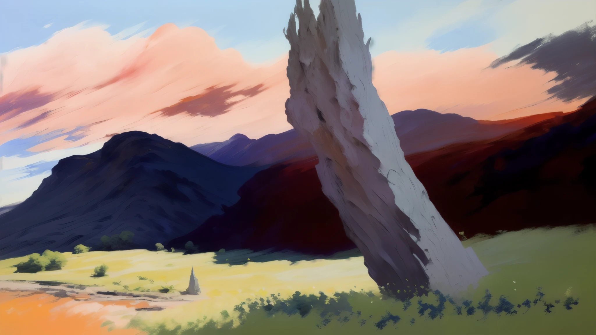 ((Oil Painting 1,2)), landscape, pink hills illuminated by the rising sun, tall rock in the foreground, detailed grass, beautiful flowers, ((paint strokes)), (paint splashes), (canvas texture), jagged edges with paint, atmospheric lighting, (impressionist style), (oil painting 1.4), ((strokes of paint 1.5 are visible)), Edouard Manet, Claude Monet, trend on artstation, deep color, impasto, (paint texture).
