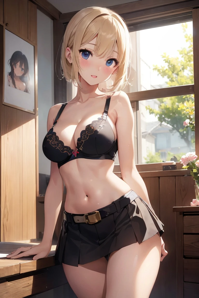 blonde hair, massive boobs, (((skin-tight bra))), (((black short skirt with belt))), blue eyes, navel, ((cute innocent face, open mouth, allure)), [[playful]]], [[[bedroom]]], front-view, [[Leaning forwards]], head down, butt up, arched back, (((((gravure position))))), (sexy), arousing, realistic, ((perfect symmetrical body)), (((slim hip)), (((slim thighs))), soft light, dawn light)), bloom, 1girl, super model body, (very slim body), thin, super model body, ultra-detailed CG, 8k, high detailed, realistic, solo, (intricate details), show thighs, show hips