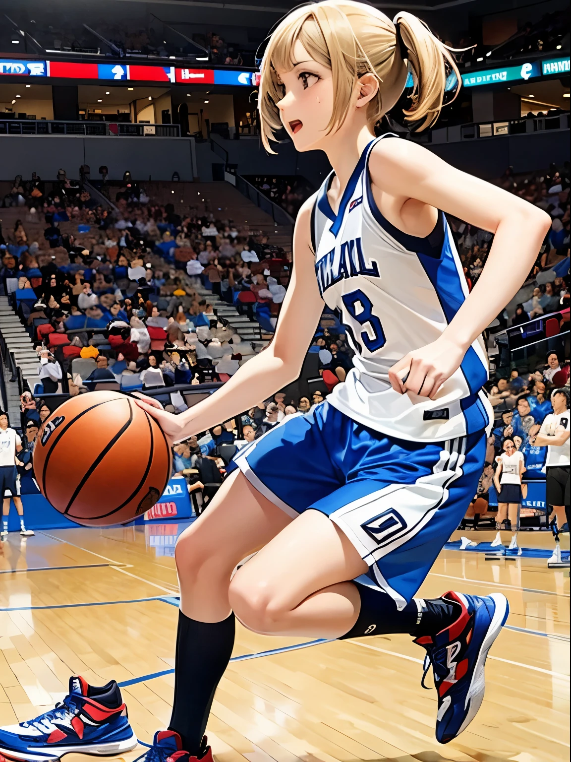 ((Best Quality)), ((masutepiece)), Perfect face、basketball、Shoet、profile、Basketball court、goal、perspiring、Tank tops、uniformss、1 girl in、basketball、release the ball、sporty