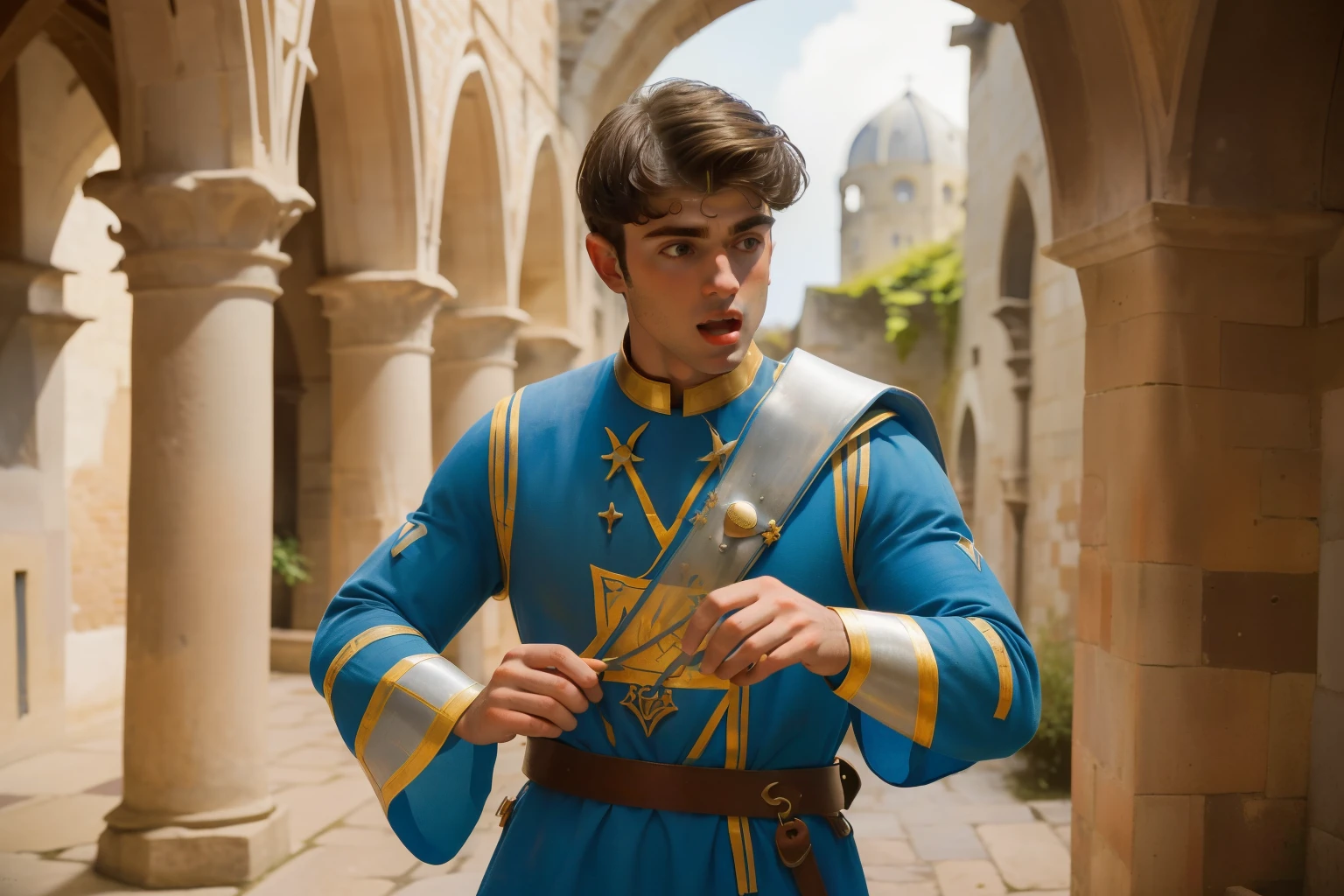 1145, Cherbourg, France. Otherworldly scene in a medieval monastery cloister, ((((22-year-old)) Matthew Daddario)), knight, panning a war, map, plan, ((expression of excitement)), ((((plain tunic from the 12th century)))), ((Hairstyle of the 12th century)), ((Wes Anderson cinematic style)), colorful