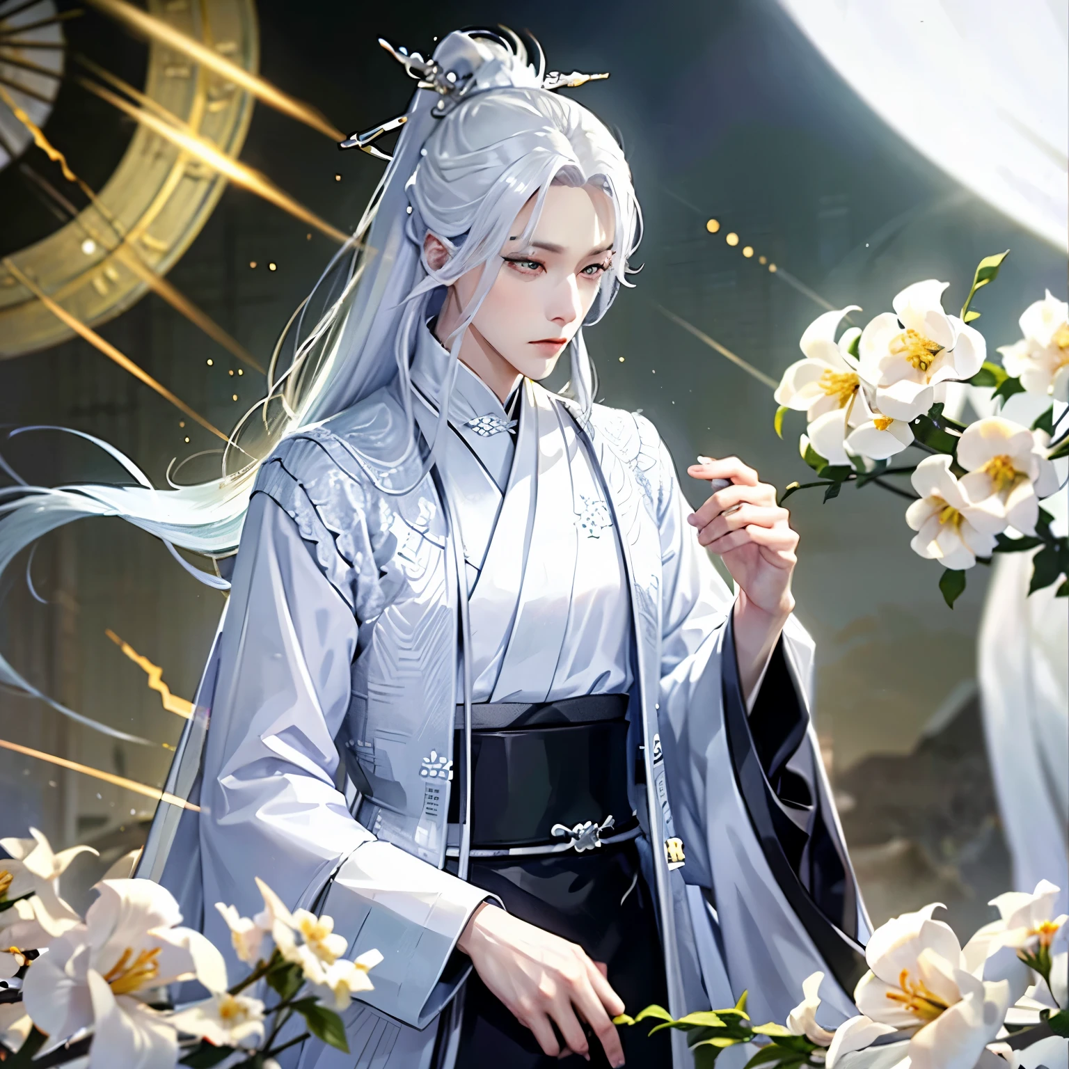1boy, Young and beautiful、white dragon demihuman, , masculine, very long white hair, White long hair、High ponytail、White eyelashes, Purple eyes, Loose-fitting kimono, full body concept、Capture a low-light image、use minimal lighting、 featuring towering buildings、kyoto、 Create images inspired by the beauty of Japanese ukiyo-e, with delicate lines, flat-colors、flowers in background