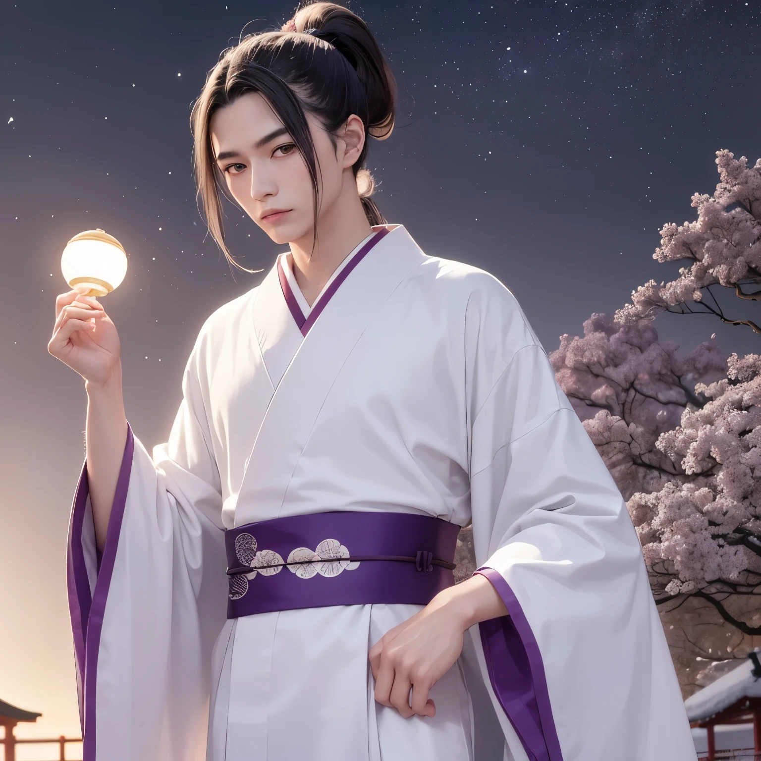 1 man,20yr old,若く美Right、long white hair,High Ponytail,wearing kimonos、manly、Rin々Right、had purple eyes、Inspired by Japanese ukiyo-e、Background with:Moonlit、snowy forest