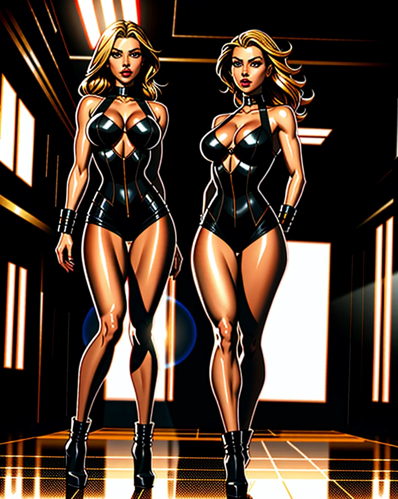(absurdres, masterpiece, best quality, high quality, professional quality, high detail, ultra-detailed, highres, stark contrast between intense light and hard shadows, bouunce lighting, cinematic lighting), style of joe madureira, comics style, dark skin, dark skinned, wheat skinned, tan skinned, tanned, tan, long blonde hair, eyeliner, Jennifer Alba Jessica Lawrence, outer space, small waist, apocalyptic, narrow waist, dieselpunk:0.5, steampunk:0.5, wide hips, impact, athletic, reflective dress, dappled lights, sparkling heels, circuitry, thick lips, crystals, eerie, industry, suspense, atmospheric perspective, epic, ruined ballroom