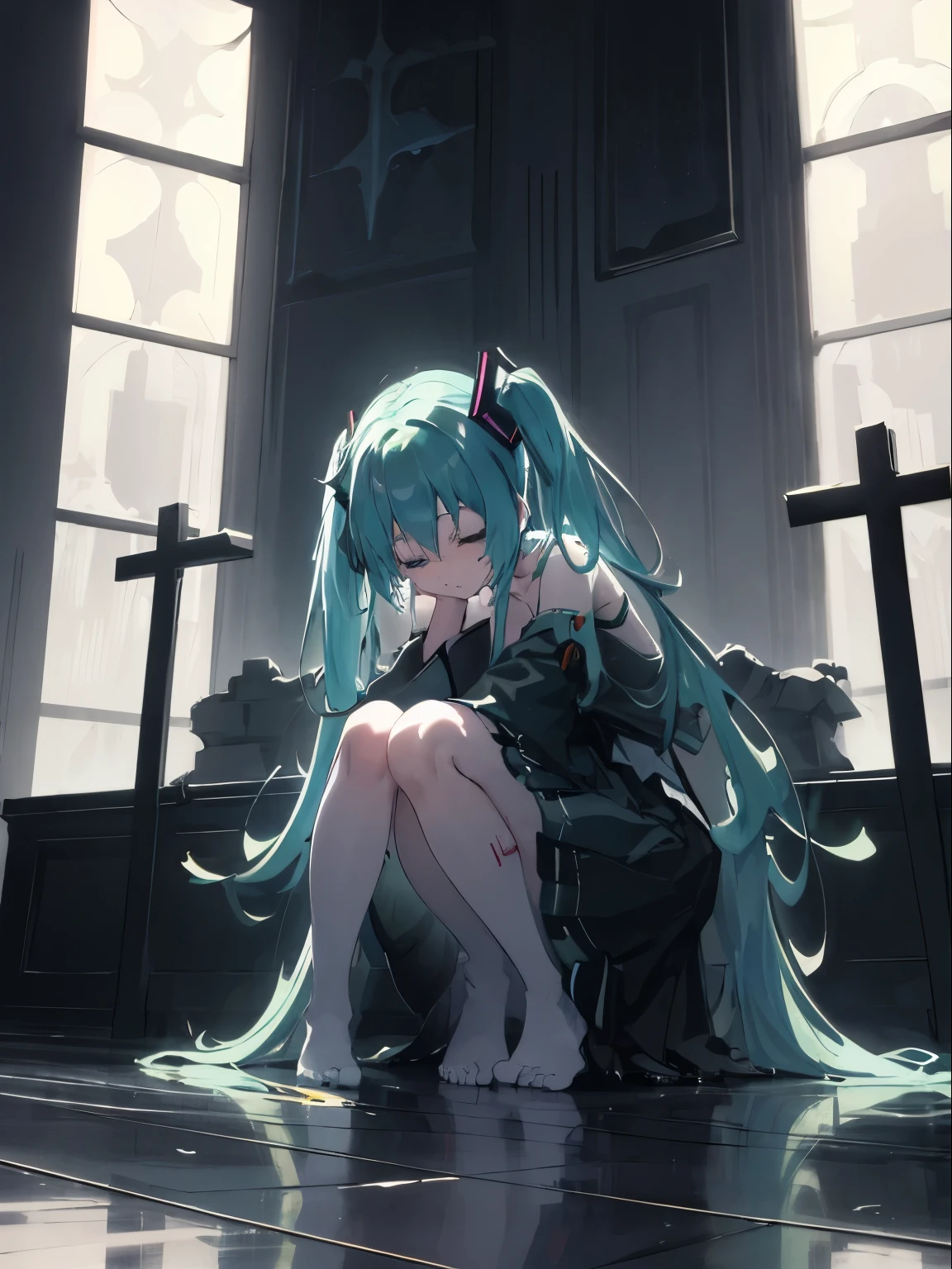 Hatsune Miku, depressed, sad girl, gloomy, praying to god, Illustration, melancholic, sitting on her knees, full height, in front of the altar, ethereal, soft brush strokes, vibrant colors, dramatic lighting, haunting beauty. (best quality, highres), (emotional:1.1), (detailed:1.1), (dark:0.9), (illustration:1.1), (melancholic:1.1), (vivid colors:1.1), (dramatic lighting:1.1), (gloomy:1.1), (soft brush strokes:1.1), (haunting beauty:1.1), [happy], [bright], [upbeat].