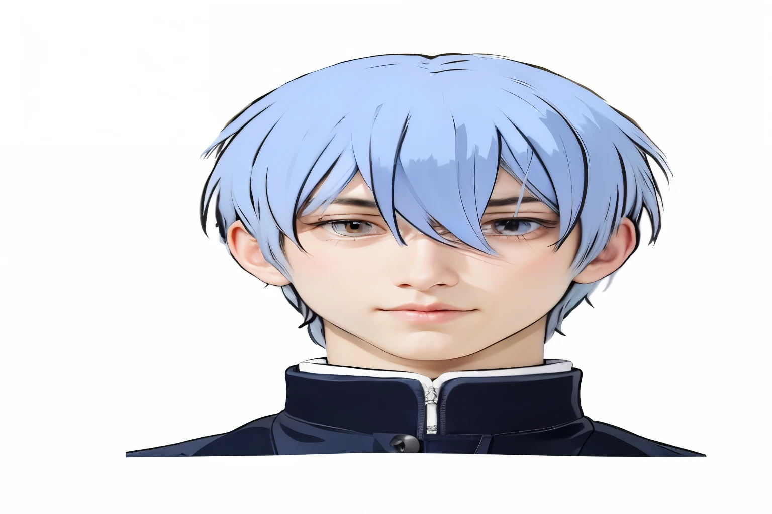 Boy,blue hair, red eye, he is wearing a dark blue jacket,