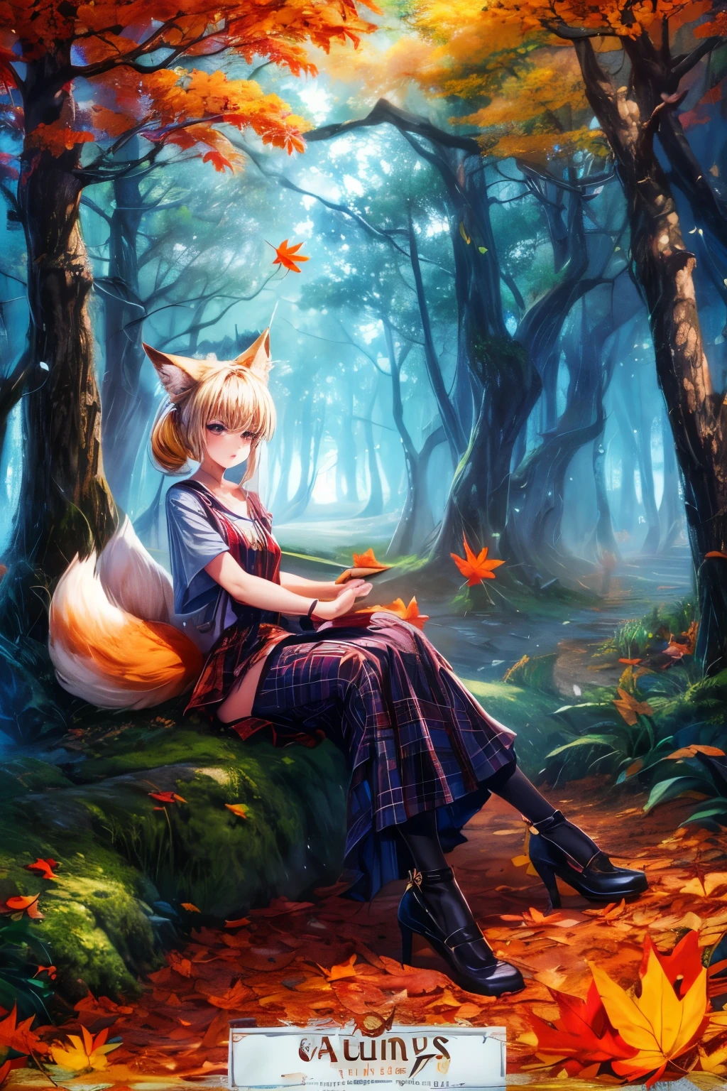 1girl, solo, looking at viewer, sitting, fox ears, full body, strappy heels,plaid shirt, short sleeves,jacket, bow, bangs, low ponytail, blonde hair fox tail, fox girl, kitsune, ((autumn, outdoors, day, forest, falling leaves, bird, leaf)), (fog, dyntall effect), (wide shot, panorama, full body, depth of field),(movie poster,english text),(Flagstone road,branches)