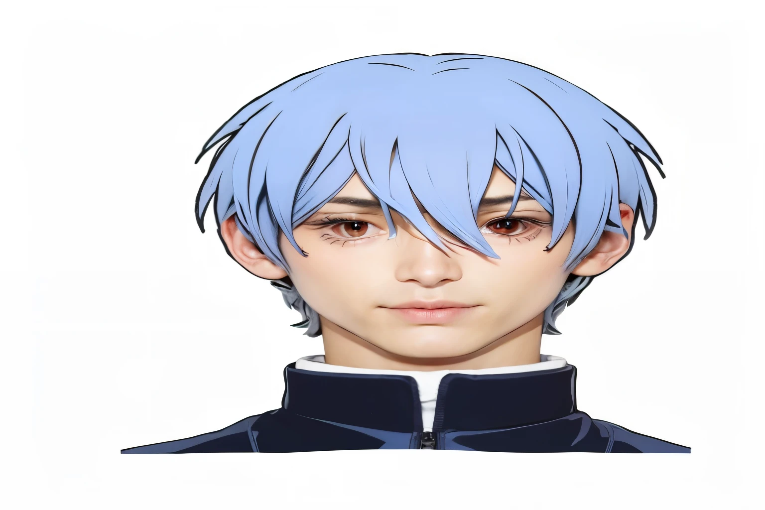 Boy,blue hair, red eye, he is wearing a dark blue jacket,