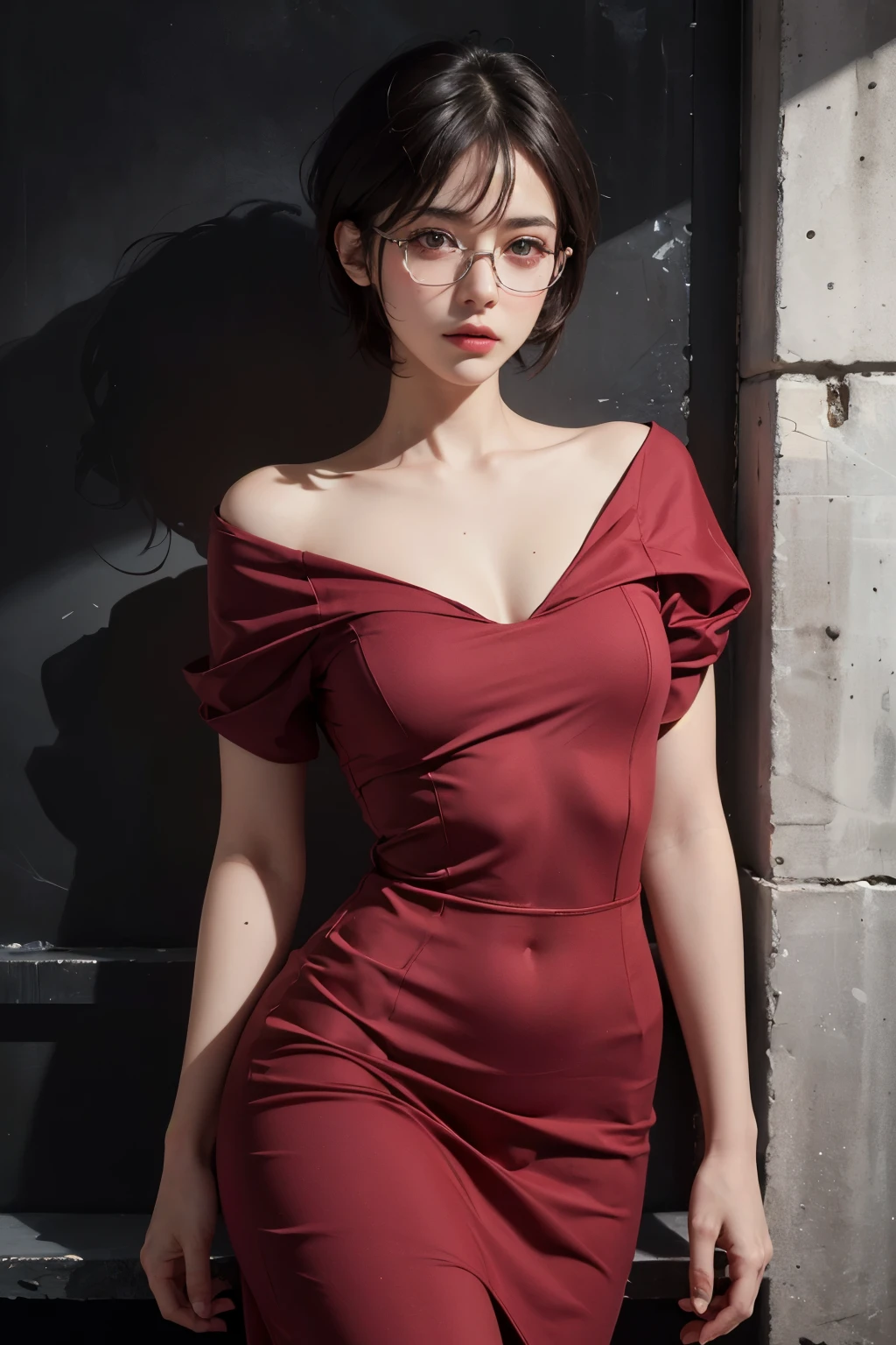 a 20 yo french woman,  (hi-top fade:1.3), dark theme, soothing tones, muted colors, high contrast, (natural skin texture, hyperrealism, soft light, sharp), glasses, romantic,  dark hair, elegant red dress
