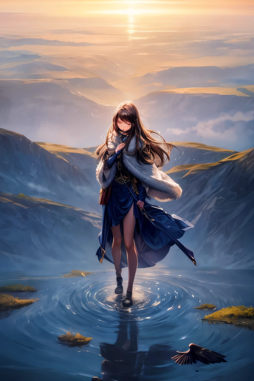 1girl, brown hair, long hair, closed eyes, (above ground), (water surface, reflection, surrounded by white birdrom above)), blurry, (full body, wide shot, panorama), (grey background), (shining, fog),,,