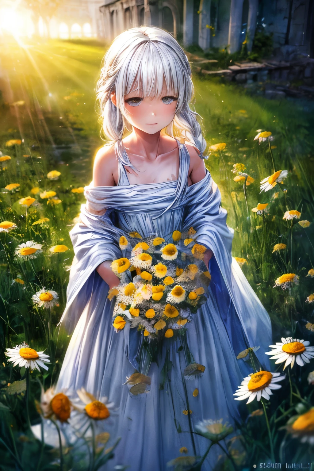 yellow theme,the setting sun,(((Chamomile))),Chamomile,cornflower,vines,forest,ruins,lens flare,hdr,Tyndall effect,damp,wet,1girl,bare shoulders,broken glass,broken wall,white hair,white dress,closed mouth,constel lation,flat color,braid,blinking,white robe,float,closed mouth,constel lation,flat color,looking up,standing,medium hair,standing,solo,