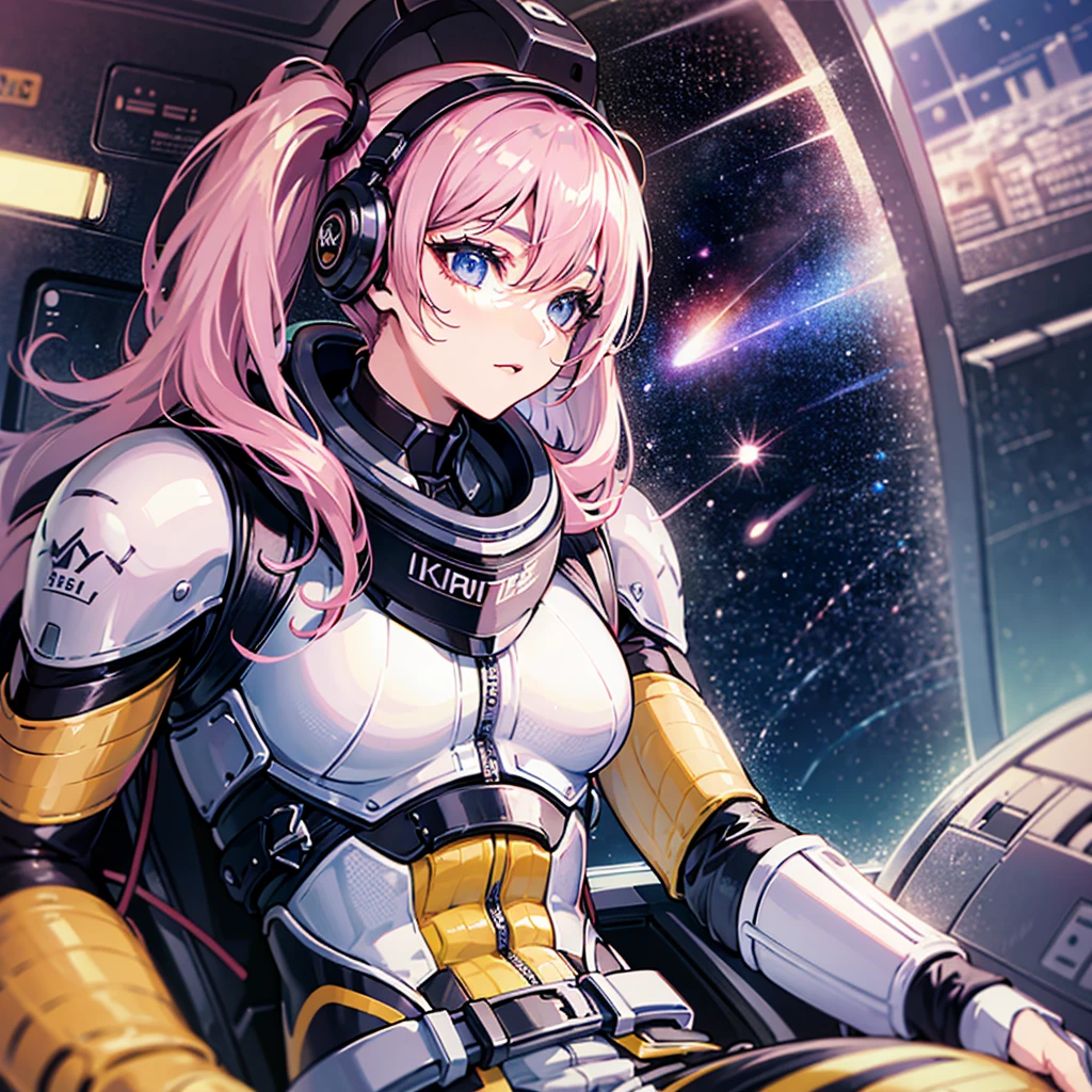 (((masterpiece、Top image quality、top-quality、highly detailed unity 8kwall-paper)))、((Illustration of one adult))、((25-years old))、(pilot)、(((Beautiful girl with a beautiful face、The body is a man)))、(((Twintails with pink hair)))、Light gray eyes、((Tall))、((Muscular strong man's body))、((Muscular strong man's body、solid chest、muscular chest plate、abdominals、muscular and thick arms、muscular and thick legs))、(((白いpilotスーツ)))、((manspreading、Sitting in the cockpit))、((space fighter cockpit、The Universe on the Monitor、Earth seen from space))