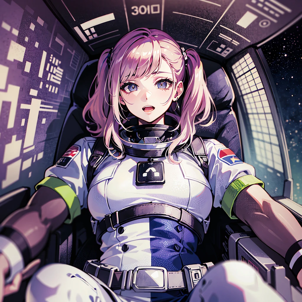 (((masterpiece、Top image quality、top-quality、highly detailed unity 8kwall-paper)))、((Illustration of one adult))、((25-years old))、(pilot)、(((Beautiful girl with a beautiful face、The body is a man)))、(((Twintails with pink hair)))、Light gray eyes、((Tall))、((Muscular strong man's body))、((Muscular strong man's body、solid chest、muscular chest plate、abdominals、muscular and thick arms、muscular and thick legs))、(((白いpilotスーツ)))、((manspreading、Sitting in the cockpit))、((space fighter cockpit、The Universe on the Monitor、Earth seen from space))