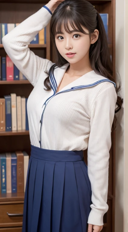 a sailor suit Background Library Standing in front of a bookshelf Chest emphasis
