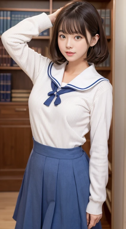 a sailor suit　Background Library　Standing in front of a bookshelf　Chest emphasis