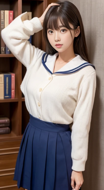 a sailor suit　Background Library　Standing in front of a bookshelf　Chest emphasis